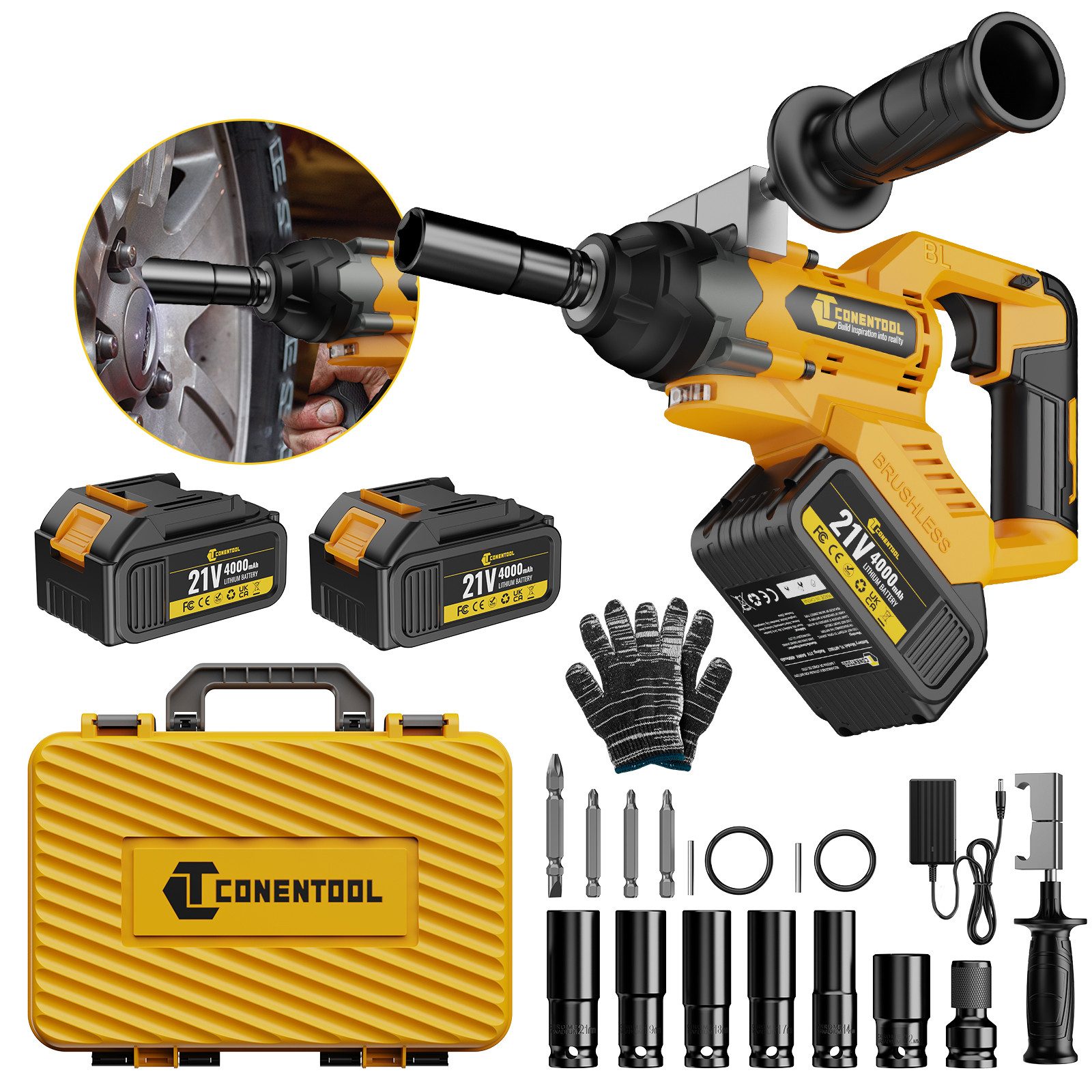 CONENTOOL Akku-Schlagschrauber 1000 Nm Bürstenloser Elektro Schlagschrauber, 3000 U/min, 1000 Nm, (mit Handgriff, mit 2x 4.0Ah Akku & Ladegerät), für Auto Reifenwechsel & Heimwerken