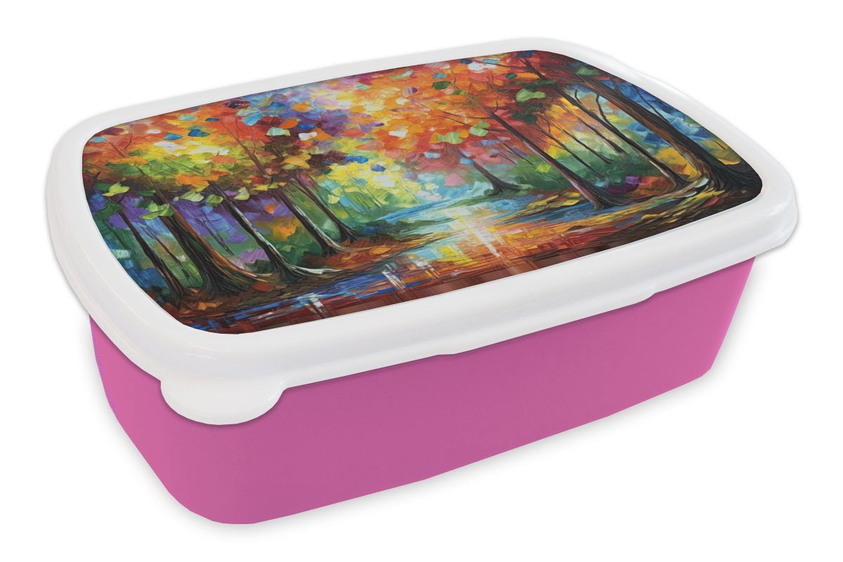 MuchoWow Lunchbox Landschaft - Wald - Farben - Natur, Kunststoff, (2-tlg), Brotbox für Erwachsene, Brotdose Kinder, Snackbox, Mädchen, Kunststoff rosa
