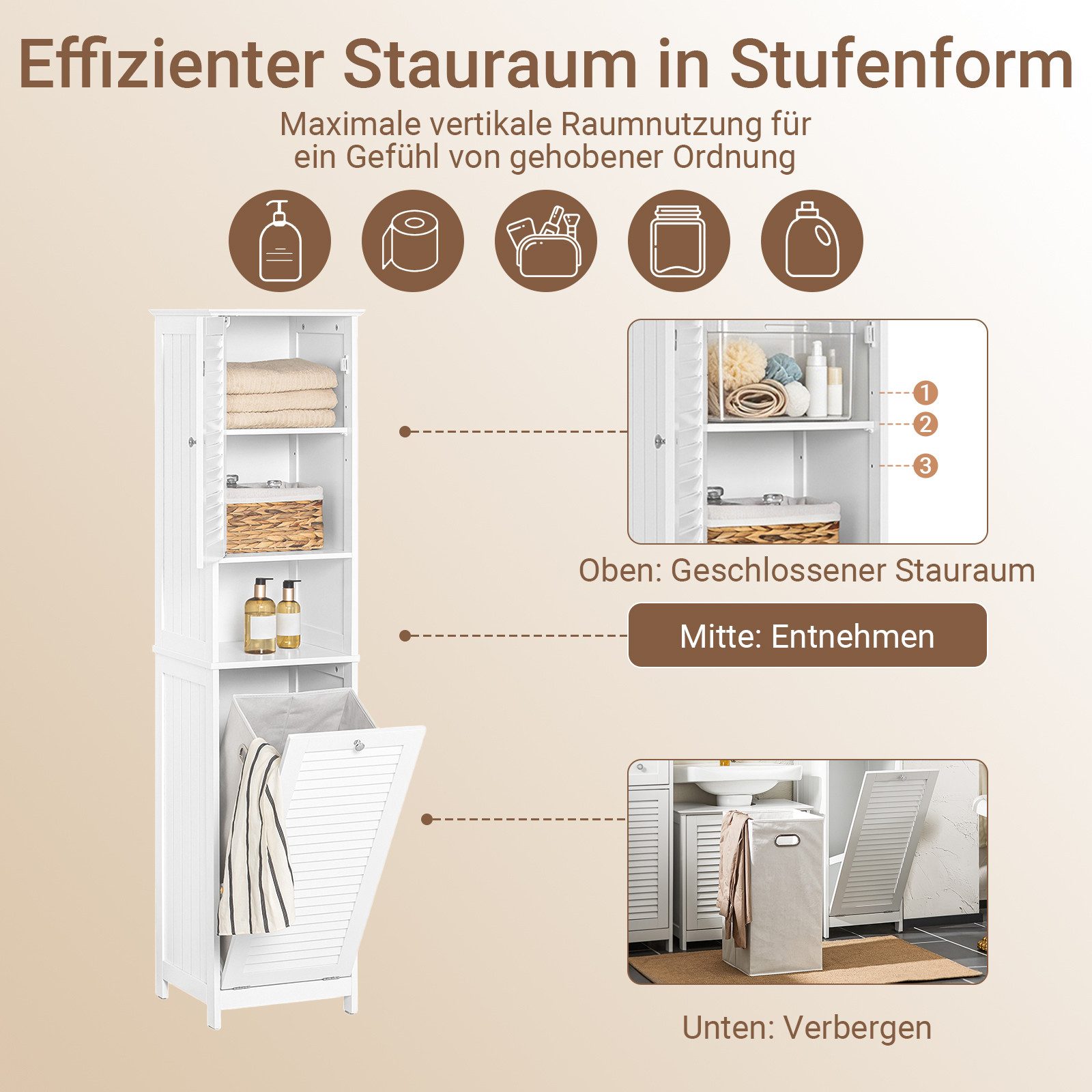 SoBuy Hochschrank BZR124, Badschrank schmal, Badschrank mit Regal, Badezimmer Schrank Badezimmerschrank mit Wäschesack Wäscheschrank Badezimmermöbel