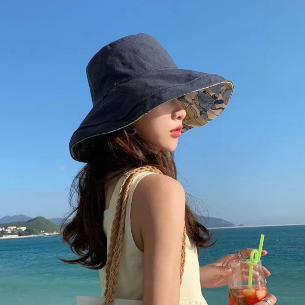 Zaewry Fischerhut Wendbarer Bucket Hat für Damen, UV-Sonnenschutz, Breite Krempe Fischerhut, Sommer-, Strand- & Reisehut