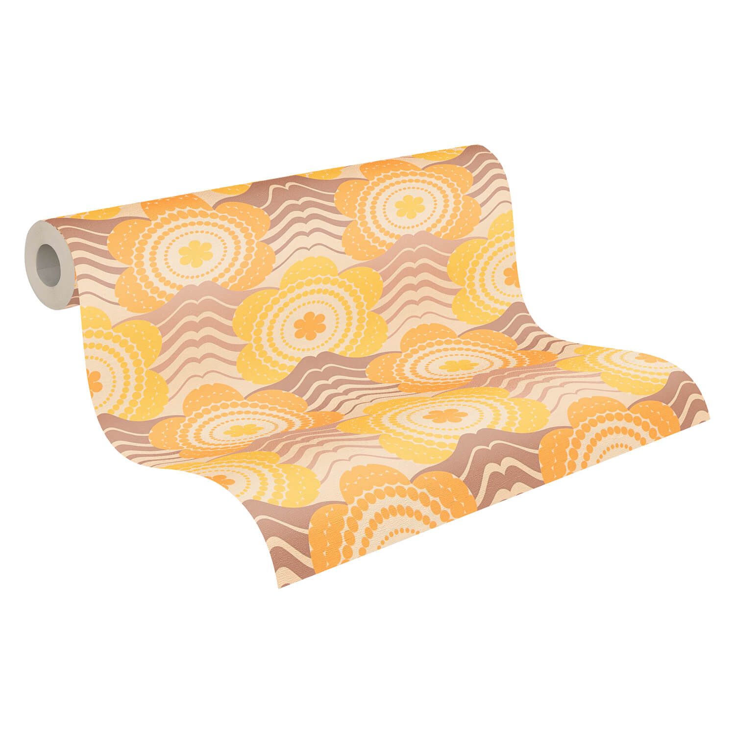 Profhome Vliestapete 395395-GU Retro Tapete Blumen matt gelb pastell-orange, geprägt, (1 Rolle, 4,51 qm), heißgeprägte Vliestapete, gelb