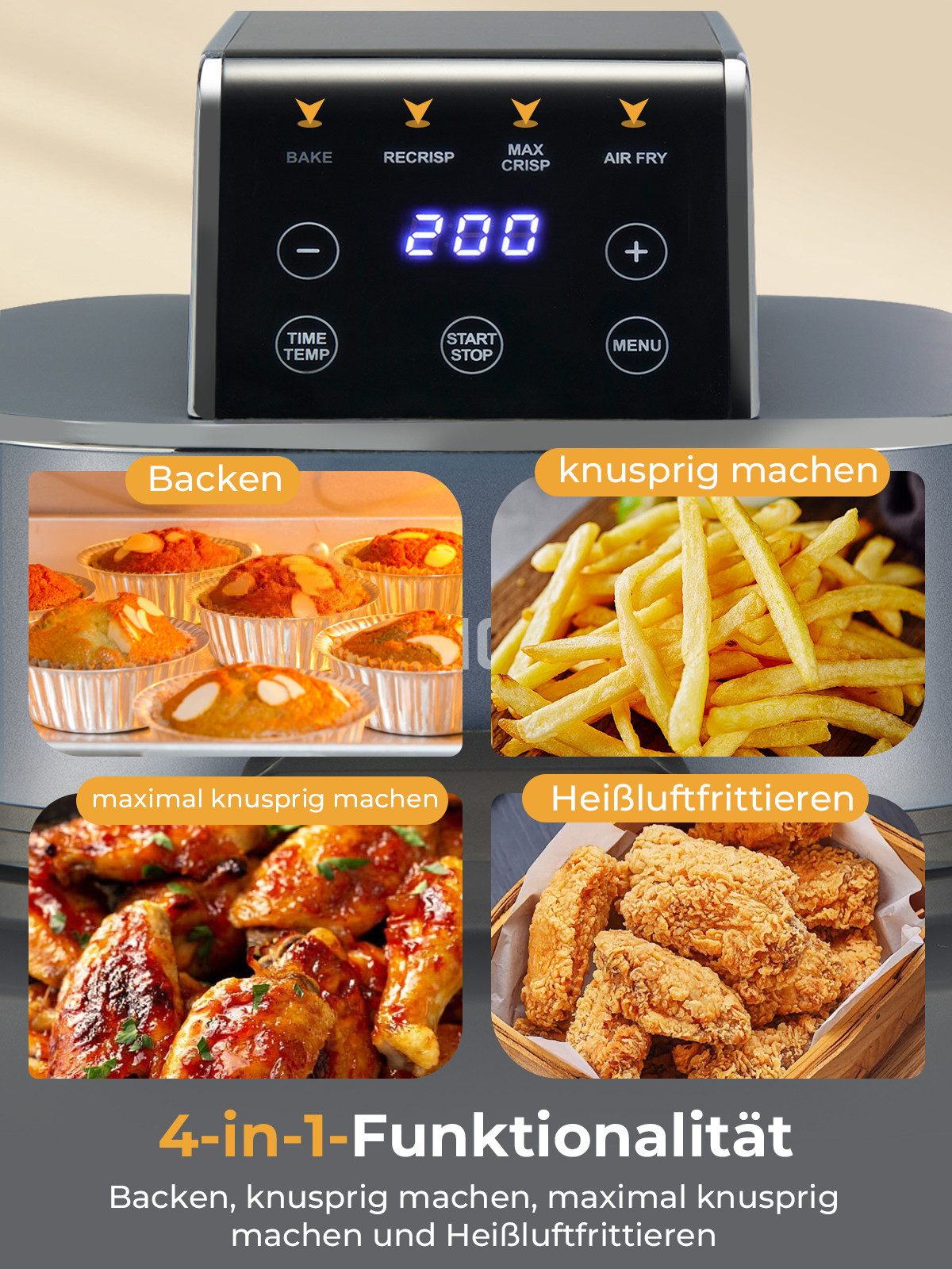 FOHERE Heißluftfritteuse Tragbare Heißluftfritteuse, 4-in-1 Heißluftfrittieren für Bake, Recrisp, Max Crisp, Airfryer, 1500 W, 4L&1.5L, 6 Portionen, kompakt, 2xherausnehmbare Glasbehälter&Deckel