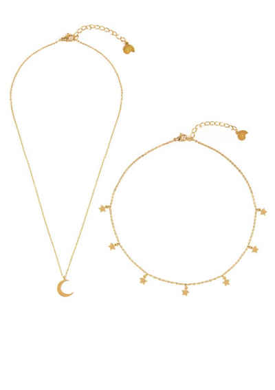 Hey Happiness Collier-Set 2er Layer Stern Mond Anhänger, wasserfest, Edelstahl Damen Halskette Halbmond Stern hängend, 18K Gold Roségold