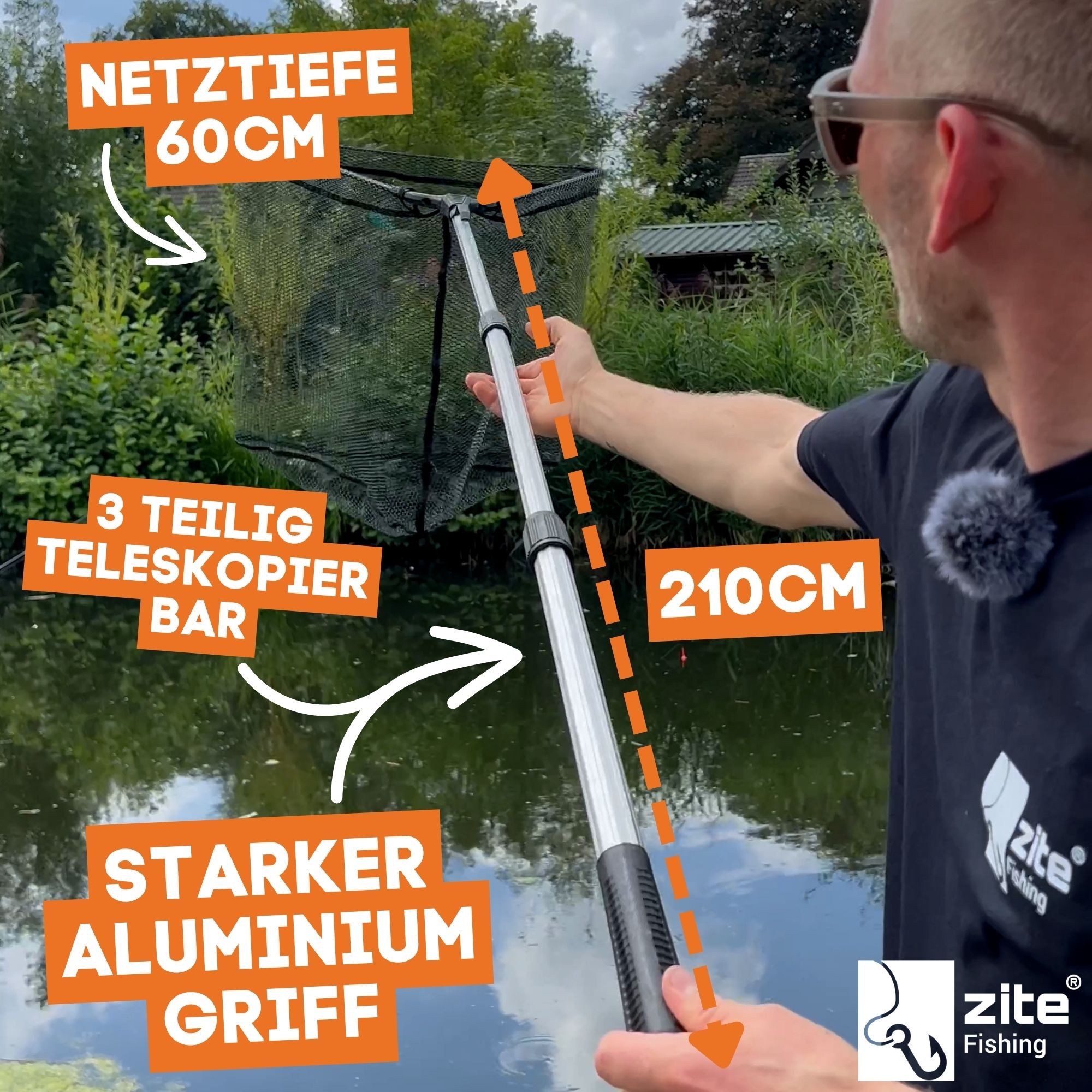 Zite Angelkescher Kescher Gummiert 2,10m 3-tlg. mit Handtuch, Hakenlöser & Fischtöter