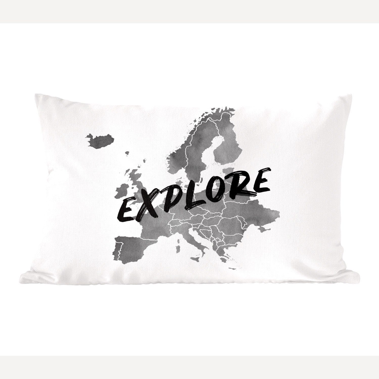 MuchoWow Dekokissen Europa-Karte in grauer Aquarellfarbe mit dem Text "Explore" über den, Wohzimmer Dekoration, Zierkissen, Dekokissen mit Füllung, Schlafzimmer