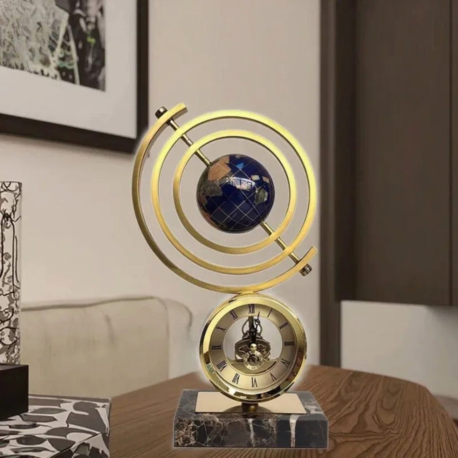 Quality Elegance Skulptur Luxus Globus Uhr Skulptur Gold Marmor Deko