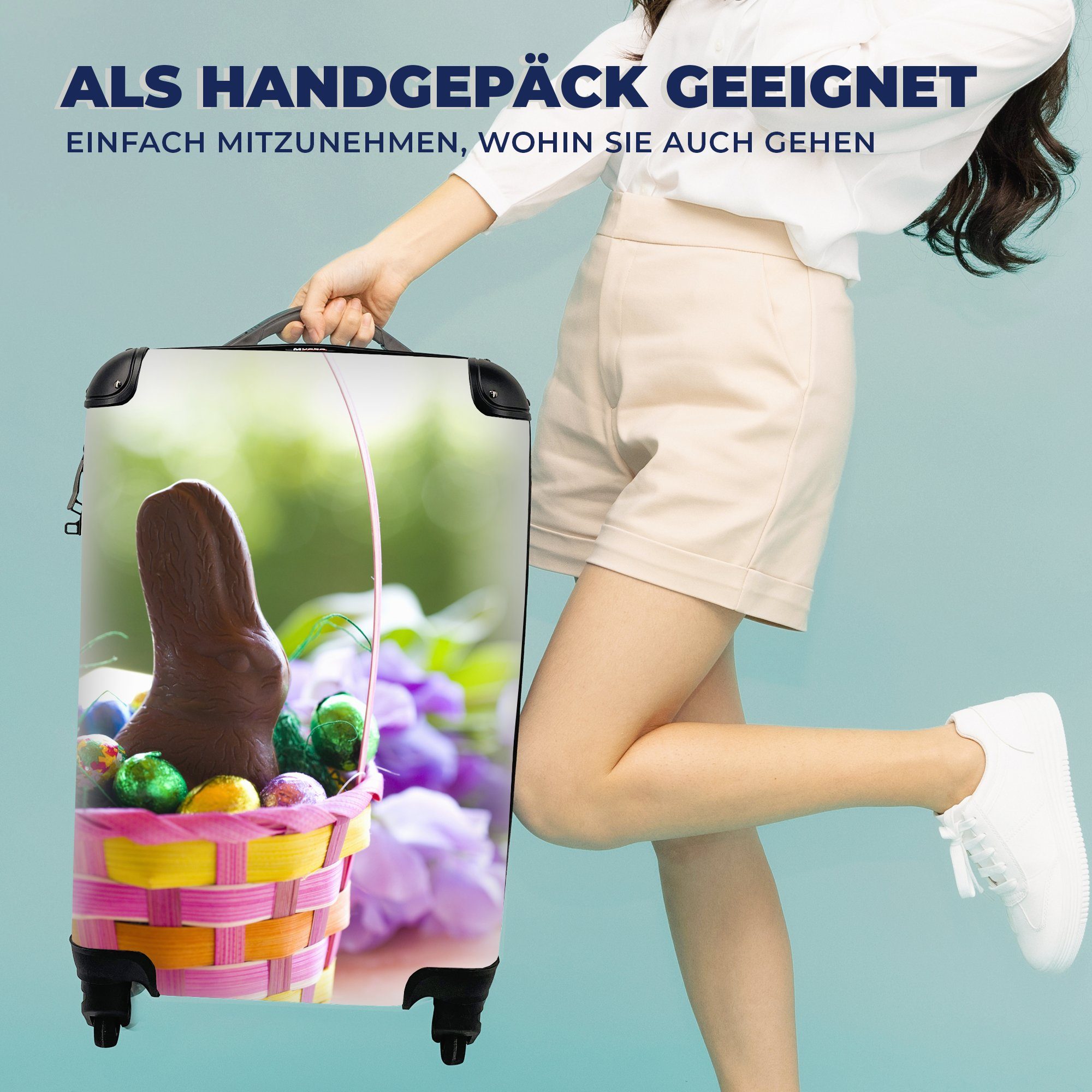 und 4 in MuchoWow Ferien, Schokoladenosterhase für Handgepäck Reisetasche Eier Rollen, mit einem Trolley, Handgepäckkoffer rollen, Reisekoffer Korb,