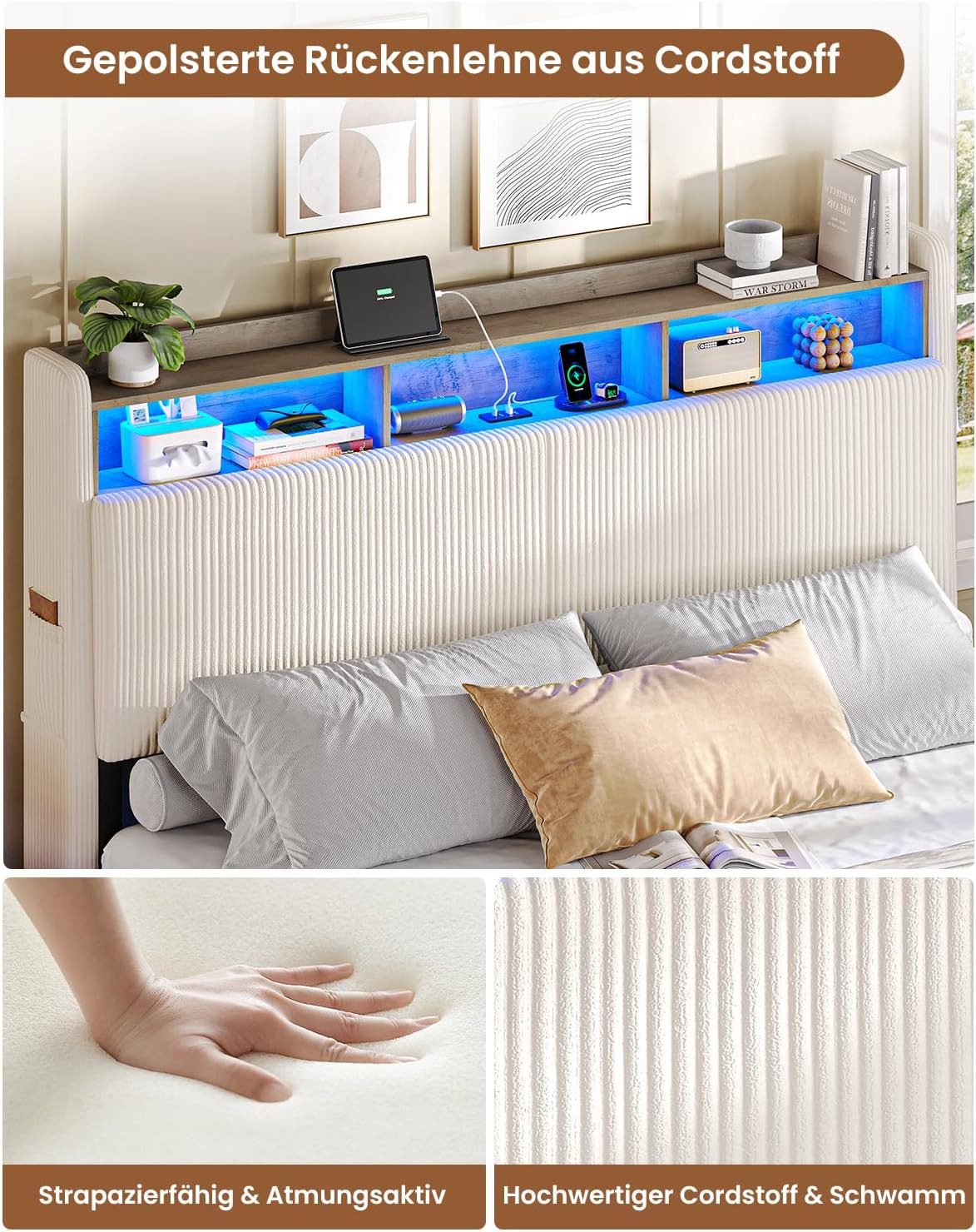 MSMASK Polsterbett Schwebebett mit 270°-LED-Beleuchtung, USB & Type-C Ladestation (Ohne Matratze), Doppelbett mit Stauraum-Kopfteil 180x200 cm – Bild 4 von 5