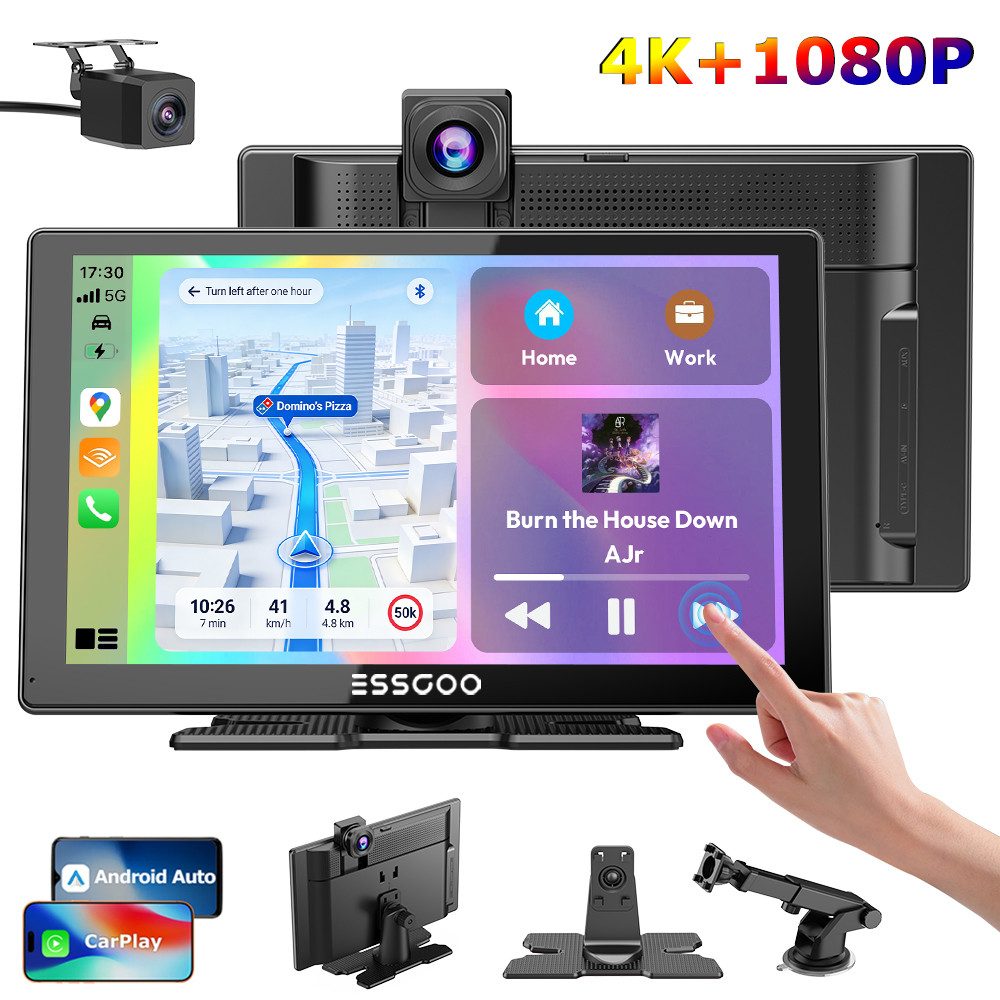 ESSGOO 9'' Tragbarer Display Autoradio Display CarPlay Android Auto Wireless Navigationsgerät (Carplay Android Auto Bluetooth USB GPS Navi WIFI Touchscreen)