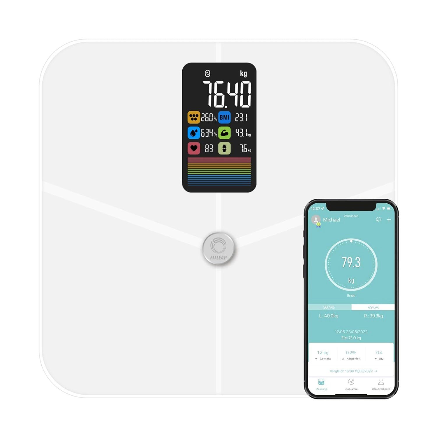 Fitleap Personenwaage Waage mit Körperfett- & Muskelanalyse bis 180kg, mit großen Display &…
