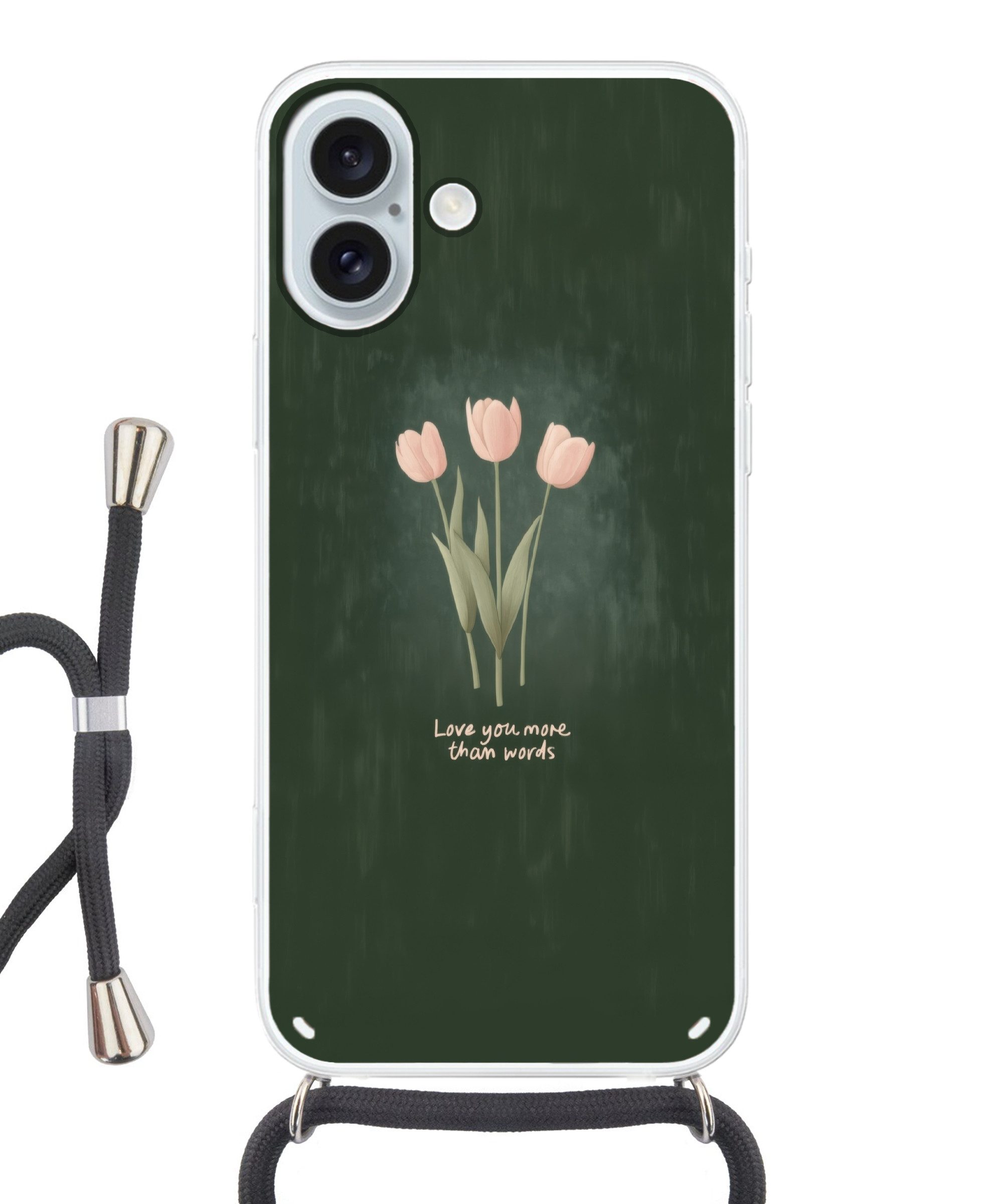 MuchoWow Handyhülle für Apple iPhone 16 Plus Tulpen - Rosa - Text - Liebe, Tragbare Handyhüllen mit Kette zum umhängen, Handykette Handyband