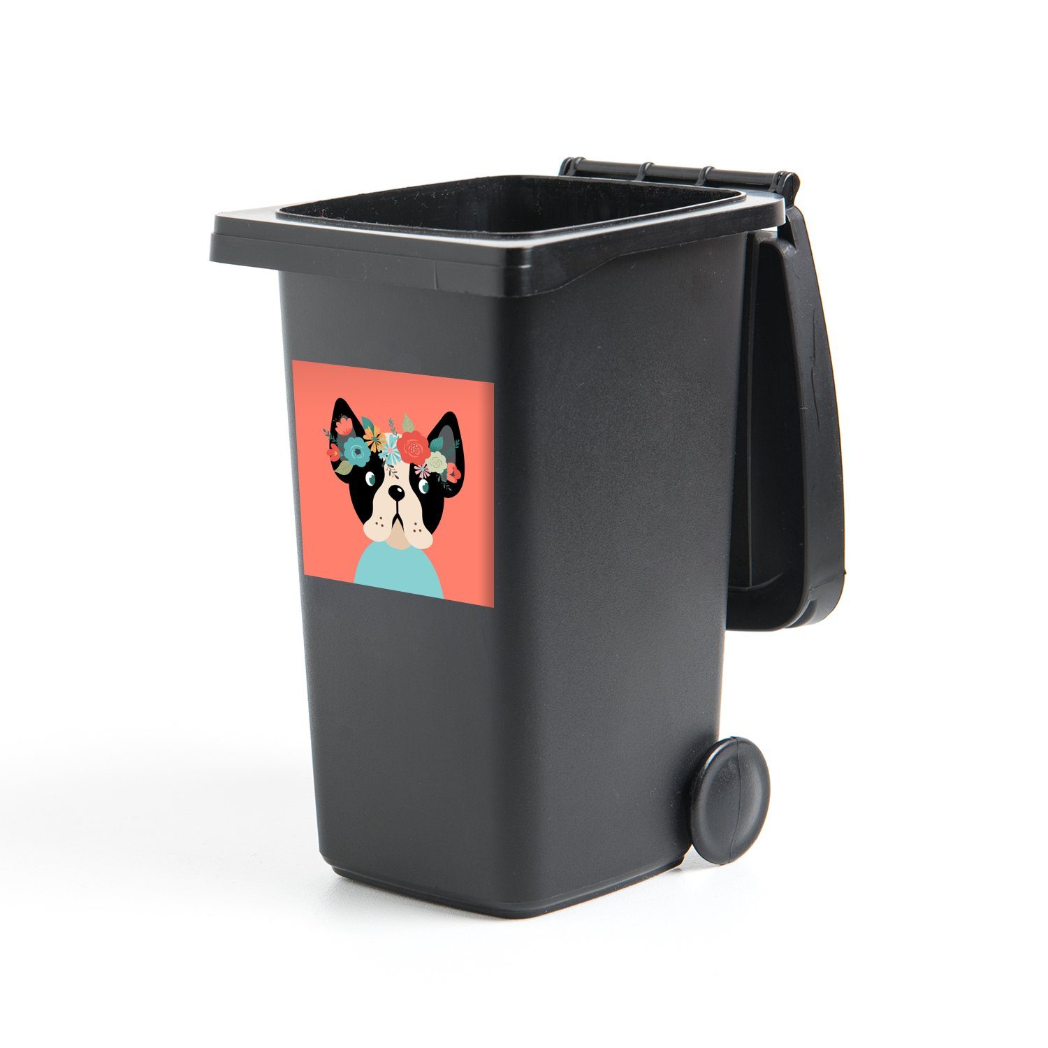 MuchoWow Wandsticker Hund - Blumen - Rosa (1 St), Mülleimer-aufkleber, Mülltonne, Sticker, Container, Abfalbehälter