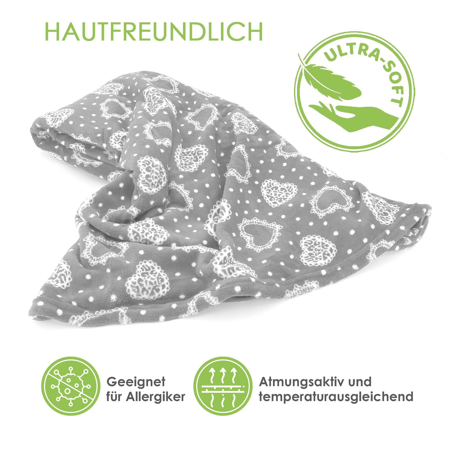 Wohndecke Kuscheldecke Herzen Flanell Sofadecke Landhaus, heimtexland, kuschelig weich und warm I XL 150x200