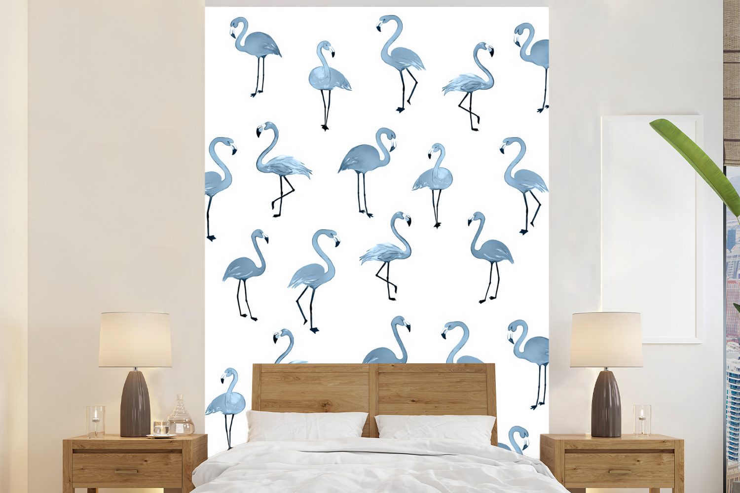 MuchoWow Fototapete Blau - Flamingo - Muster, Matt, bedruckt, (3 St), Montagefertig Vinyl Tapete für Wohnzimmer, Wandtapete
