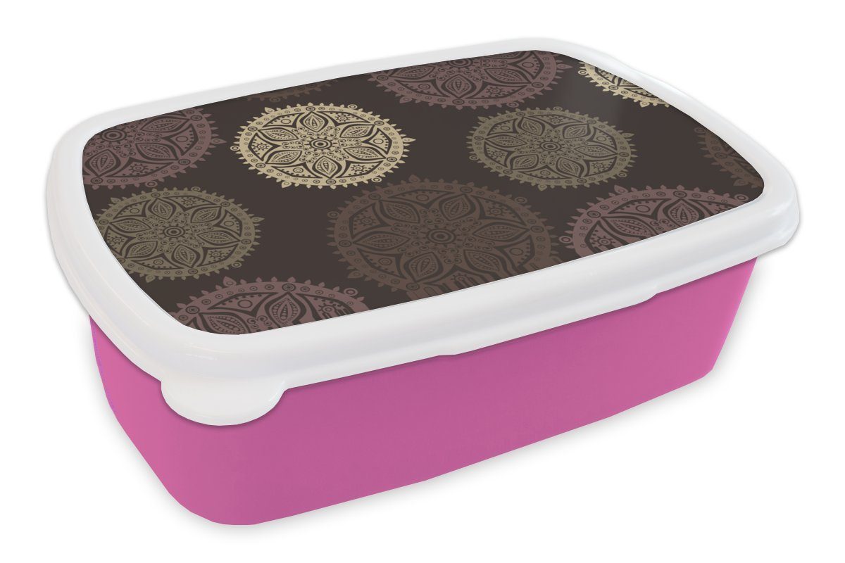 MuchoWow Lunchbox Gestaltung - Mandala - Braun, Kunststoff, (2-tlg), Brotbox für Erwachsene, Brotdose Kinder, Snackbox, Mädchen, Kunststoff rosa