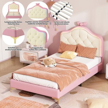 OKWISH Polsterbett Kinderbett mit Holzlatten, Kunstleder, rosa Bettrahmen (Wellenform mit Zugpunkt am Kopfende des Bettes, rosa Schleife, mit mehrfarbigen, wechselnden LED-Streifen 90x200cm)