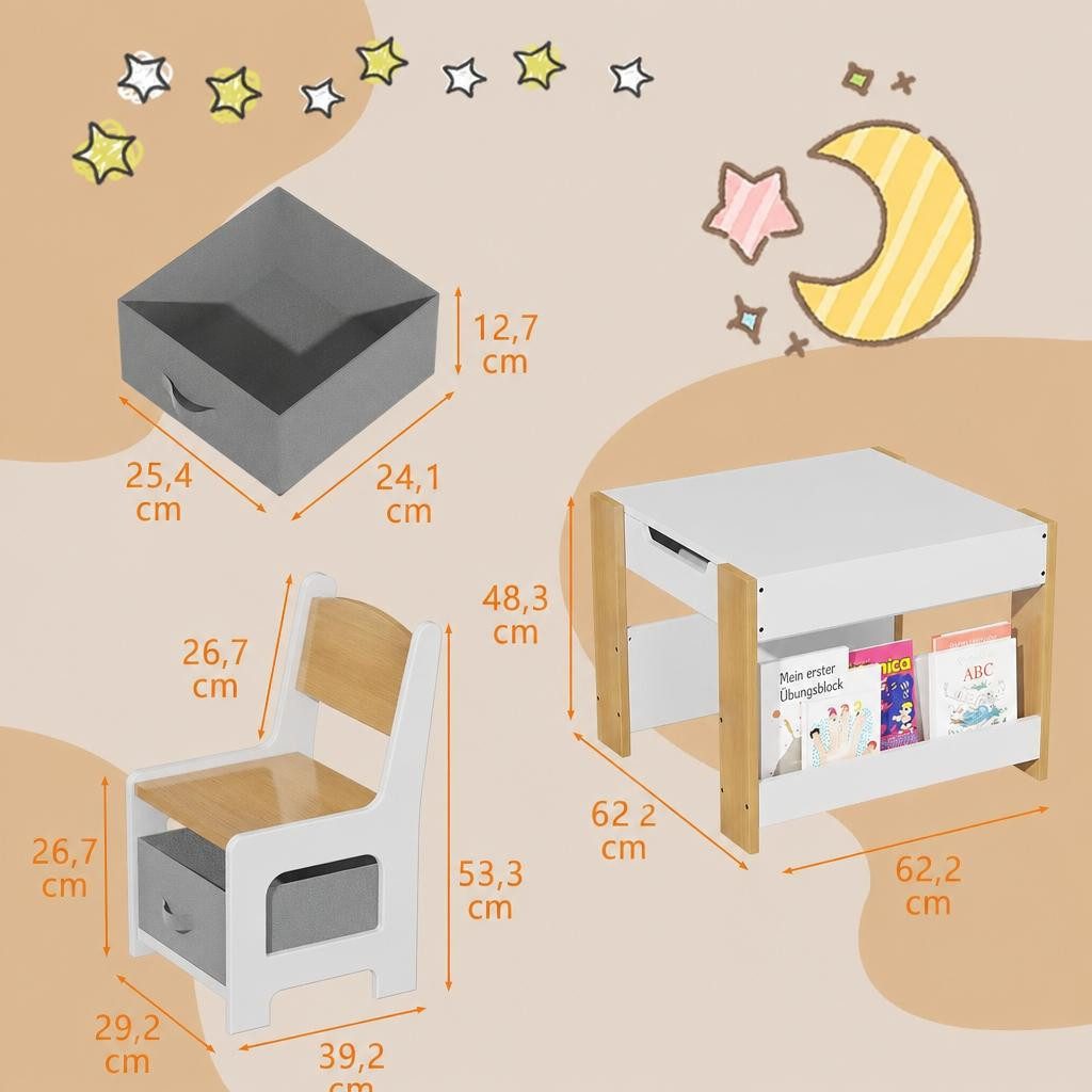 GarveeMore Kindersitzgruppe mit 2 Stühlen und Aufbewahrungsschublade,Abnehmbare Tischplatte, 3-tlg Kindertisch,für Kleinkinder Zum Zeichnen,Lesen,Kunsthandwerk