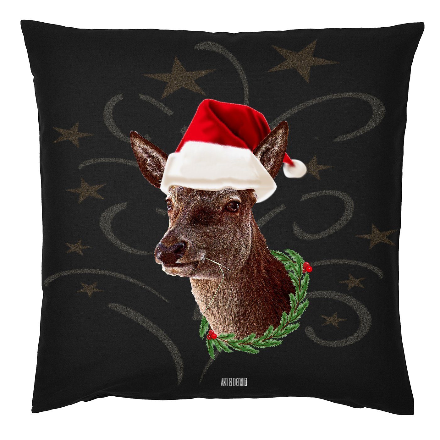 Dekokissen Weihnachten Design Reh mit Weihnachtsmütze Mrs Xmas