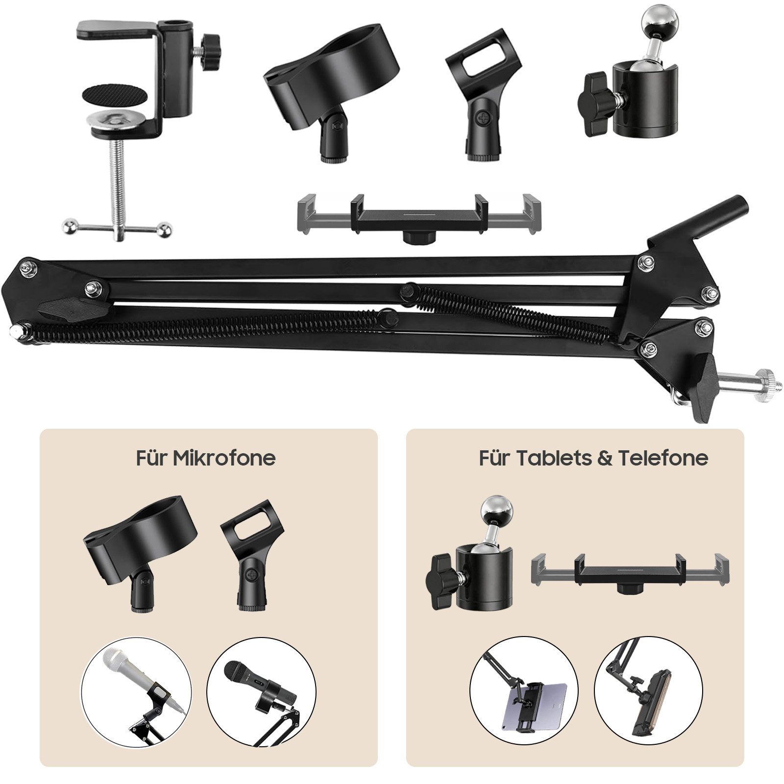 AIMAX Tablet-Halterung Handyhalterung mit Gelenkarm & Tischklemme für Smartphone & Table, (1 Doppelzug Halter (12-25cm), 2 Mikrofonclips (3-6cm + U-Klemme) – Bild 4 von 5