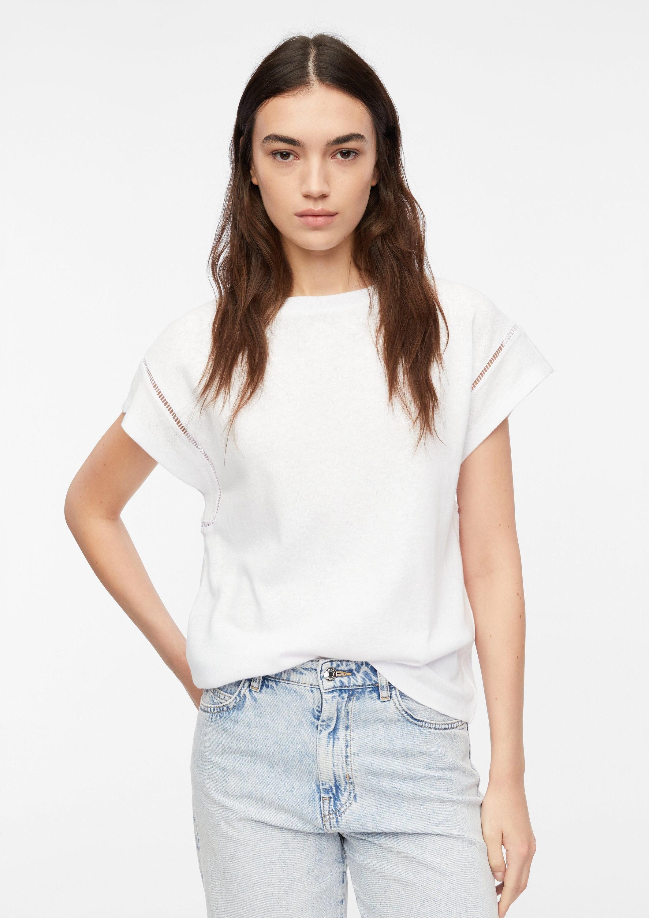 comma Kurzarmshirt T-Shirt T-Shirt mit überschnittenen Schultern und Flammgarn