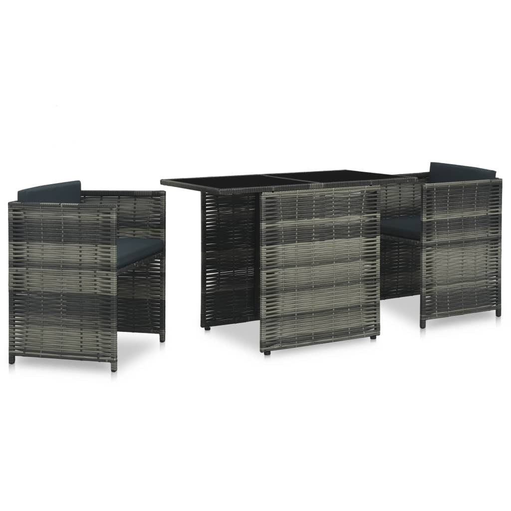 vidaXL Gartenlounge-Set 3-tlg. Bistro-Set mit Auflagen Poly Rattan Grau, (3-tlg)