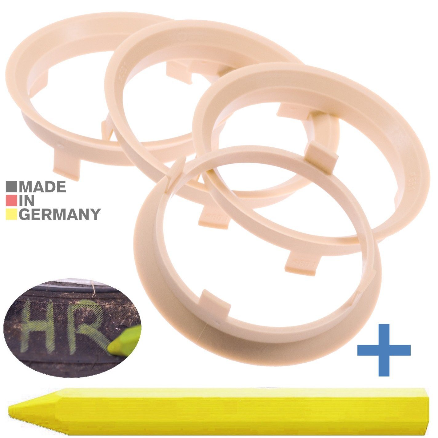 RKC Reifenstift 4X Zentrierringe Beige Felgen Ringe Felgen Ringe + 1x Reifen Kreide, Maße: 60,1 x 56,1 mm