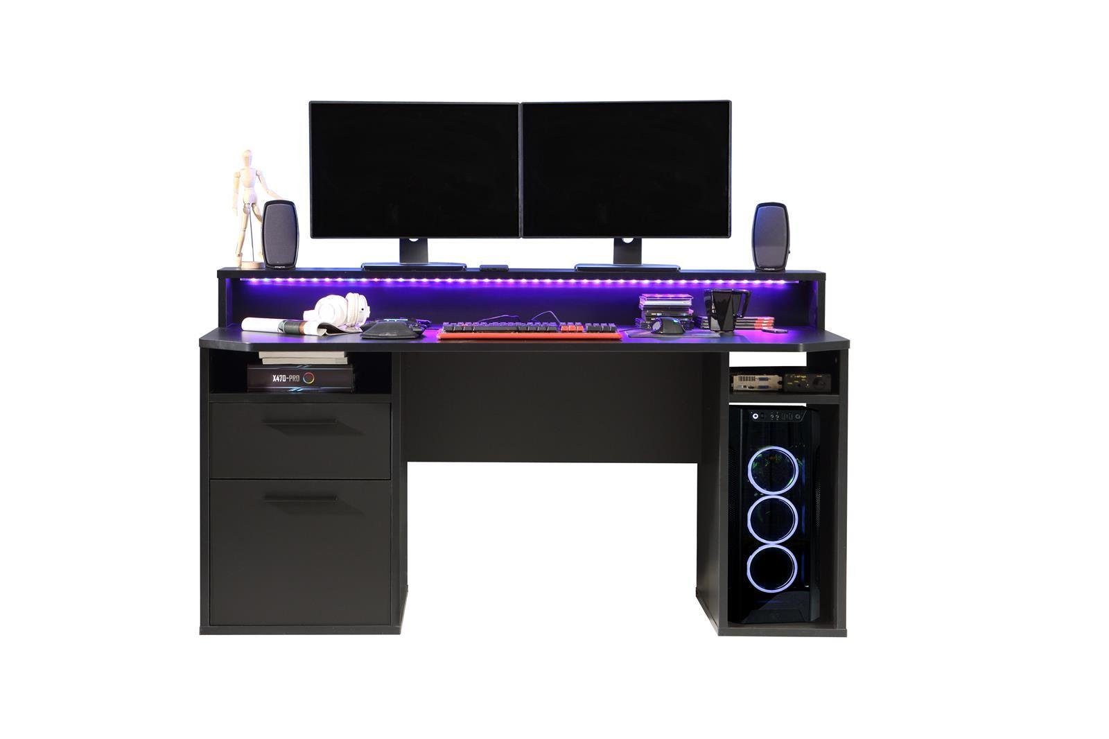 1 schwarz x cm RGB-Beleuchtung mit B/H/T 160 Gaming 91 in matt Monitorauflage offene Gamingtisch Schwarz/matt möbelando x Fächer Tür, 72 ca. Schubkasten, und - / Tamas, inkl. 1 Schreibtisch