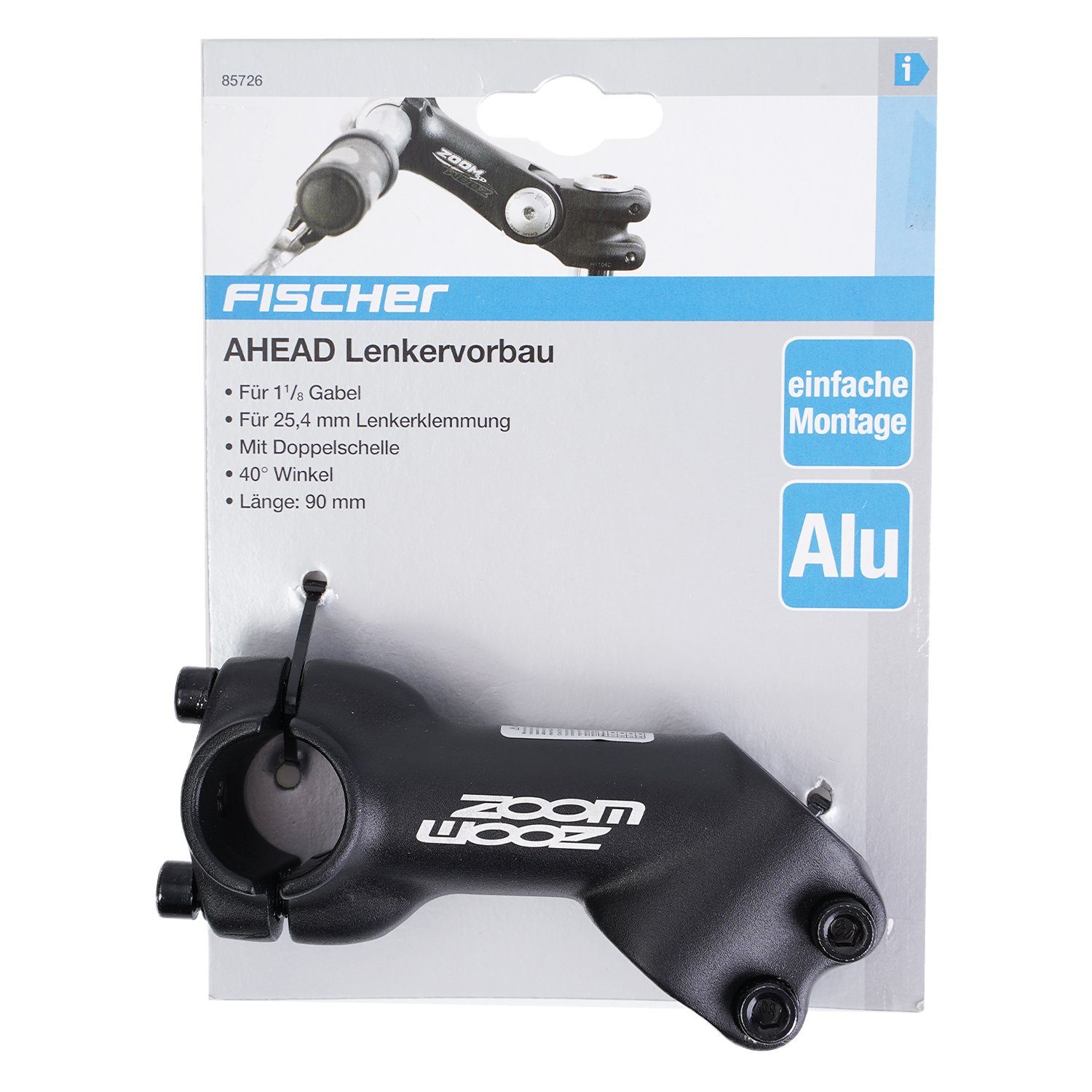 FISCHER Fahrrad Lenkervorbau Fahrrad Lenkervorbau AHEAD Zoom, 40° Winkel 90mm Alu Bike Lenker Vorbau Lenkerklemmung 1 1/8 Gabel