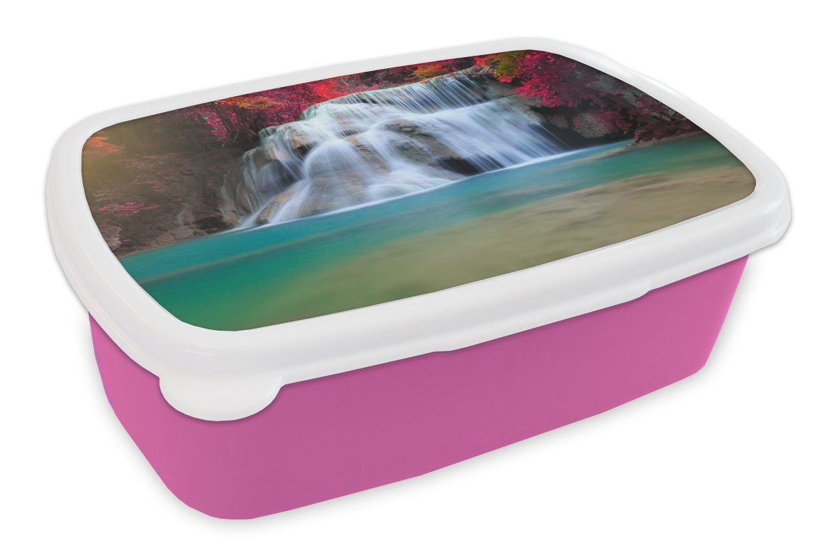 rosa Landschaft (2-tlg), MuchoWow Kunststoff für Wasserfall Kinder, Brotbox - - Natur, Bäume Brotdose - Mädchen, Snackbox, - Erwachsene, Kunststoff, Rot Lunchbox