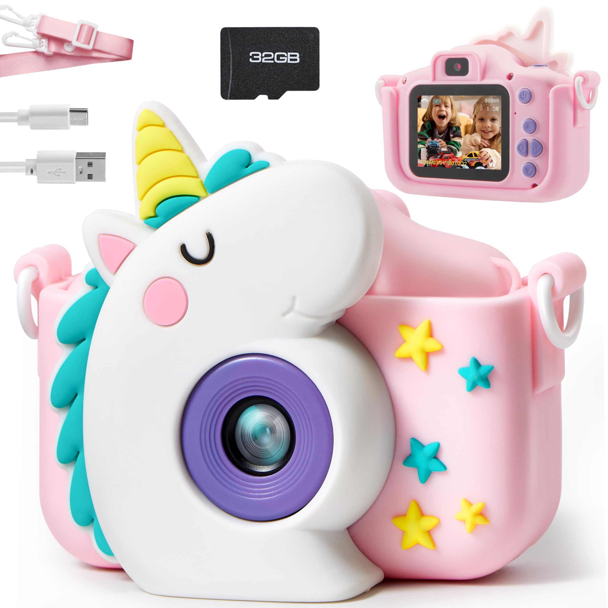 SYNCFUN SYNCFUN Kinder-Selfie-Kamera Einhorn – 1080P, 32GB, ab 3–8 Jahre Kinderkamera (8 MP, USB-Kabel im Lieferumfang enthalten und mit 32 GB SD-Karte)