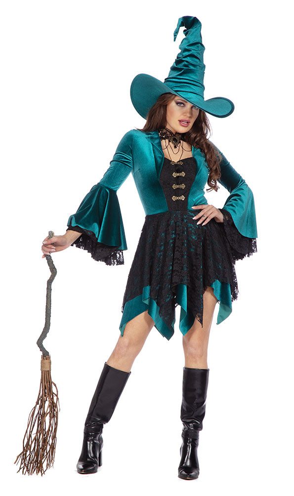 Karneval-Klamotten Hexen-Kostüm Damen Samt grün schwarz kurz hochwerig, Halloweenkostüm Frauenkostüm Hexe Damenkostüm Hexenkleid