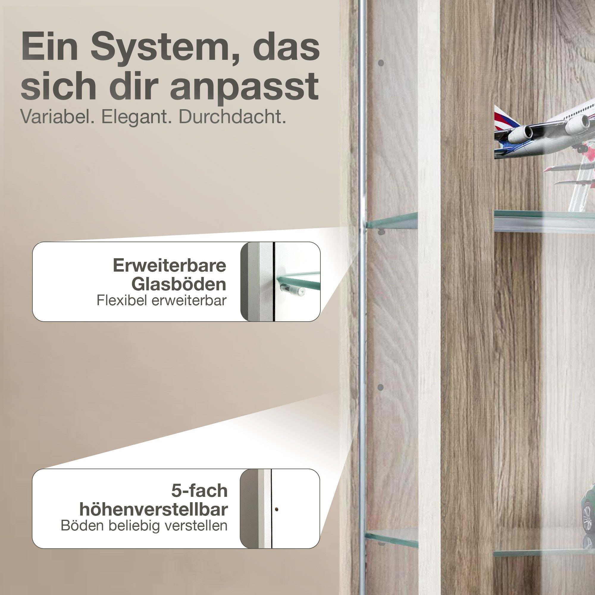 K-Möbel Hängevitrine C1012 (Glasvitrine (80x60x25 cm) mit 2 Glastüren) Glasvitrine hängend – Bild 4 von 5