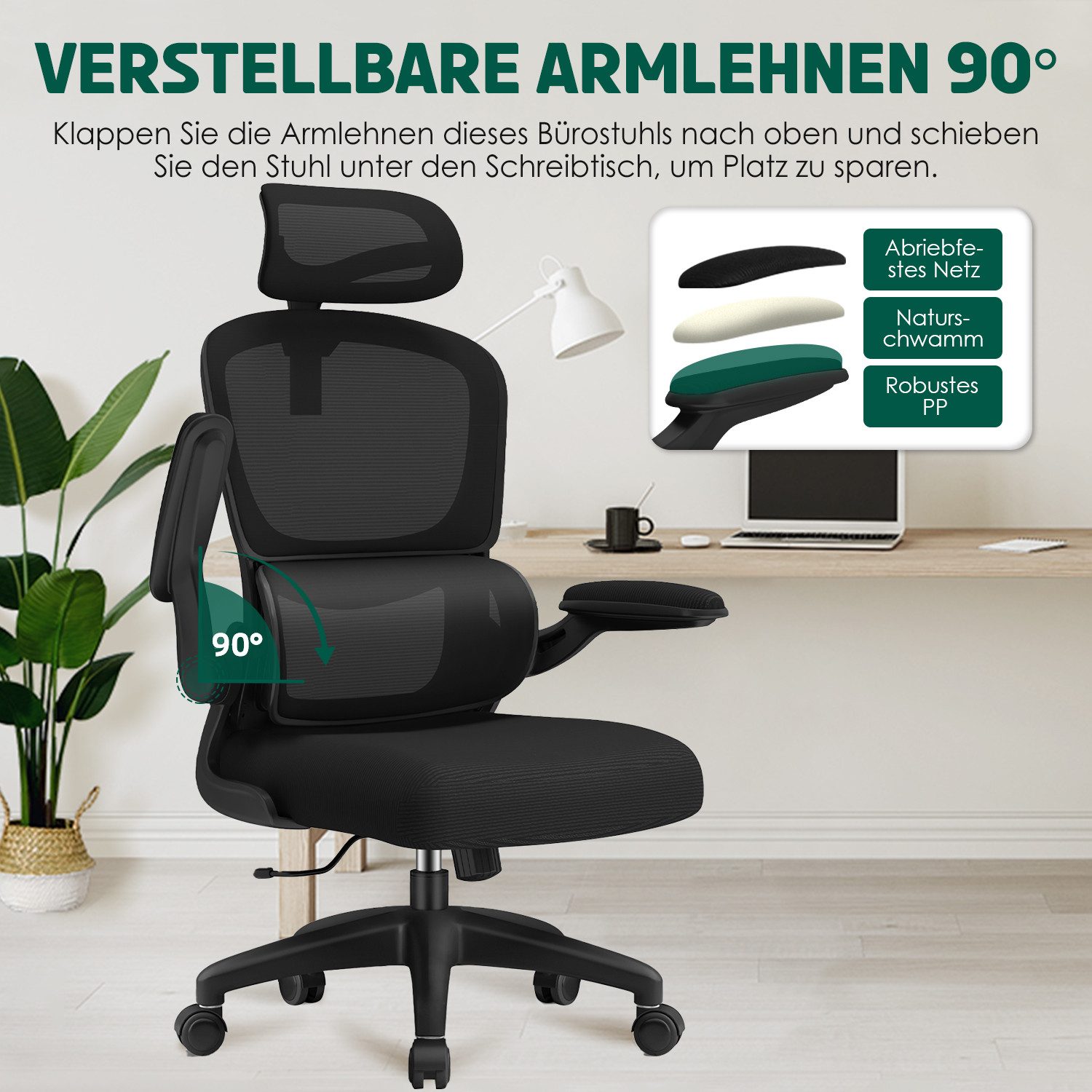 Fukstern Bürostuhl Ergonomischer Bürostuhl mit 90° klappbaren Armlehnen (Verstellbare Kopfstütze, atmungsaktiver Mesh-Bezug, Rücken- und Taillenstütze, Neigung  – Bild 5 von 5