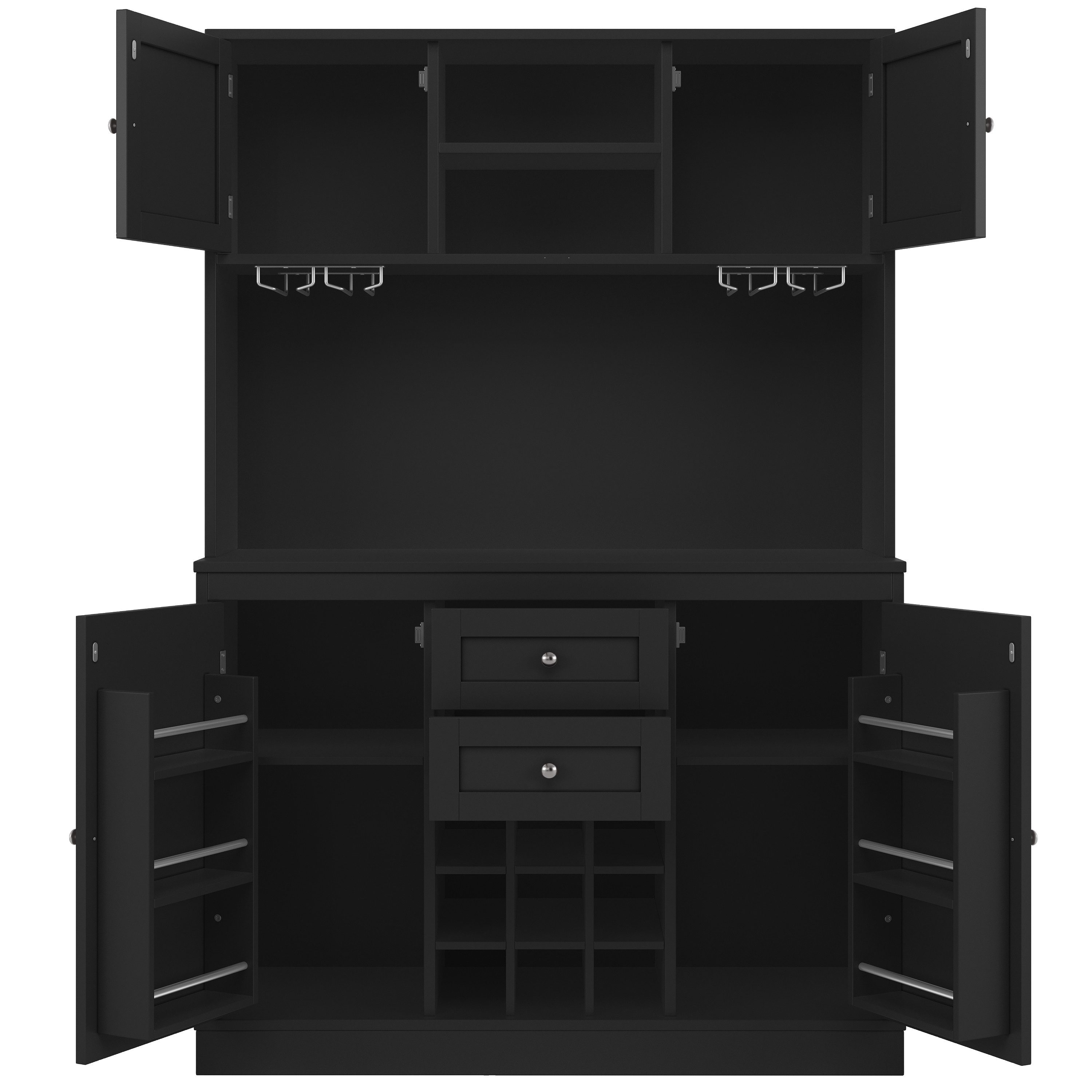 Flieks Küchenbuffet mit verstellbaren Ablagen & Weinregal & Türablagen (1-St., B120/T40/H188 cm) Hochschrank Küchenschrank Geschirrschrank mit Gläserhalter Schwarz