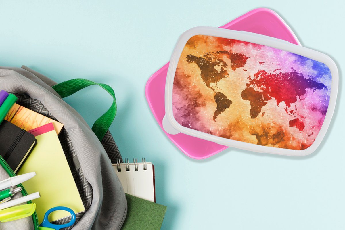 für rosa Brotbox Kinder, - Mädchen, Kunststoff Weltkarte Farbe Kunststoff, (2-tlg), Farben, Erwachsene, Brotdose - Snackbox, Lunchbox MuchoWow