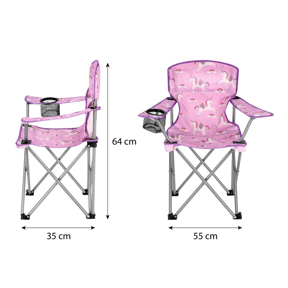 NILS CAMP Angelstuhl Kinderfaltstuhl Campingstuhl (Spar-Set), faltbar mit Tragetasche, Becherhalter, Einhorn-Motiv