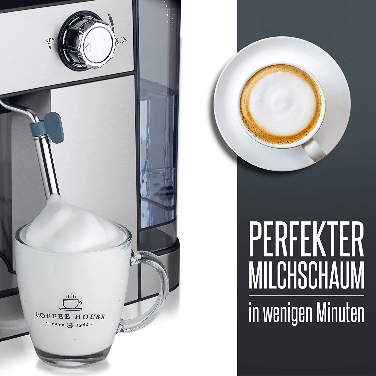 Heinrich´s Espressomaschine, Edelstahlfilter, 20Bar Ulka Pumpe, Milchaufschäumer mit Barista Zubehör 1,6L