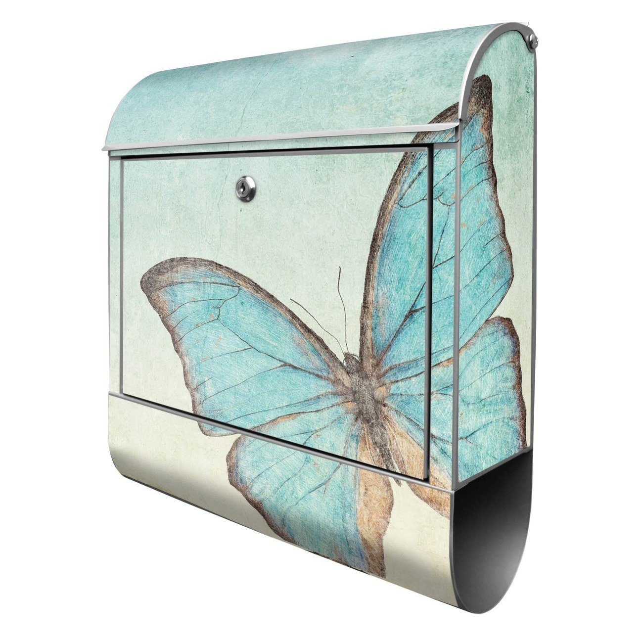 banjado Wandbriefkasten Stahl Blaue Schmetterlinge (Wandbriefkasten witterungsbeständig, pulverbeschichtet, mit Zeitungsfach), 39 x 47 x 14cm silberfarben