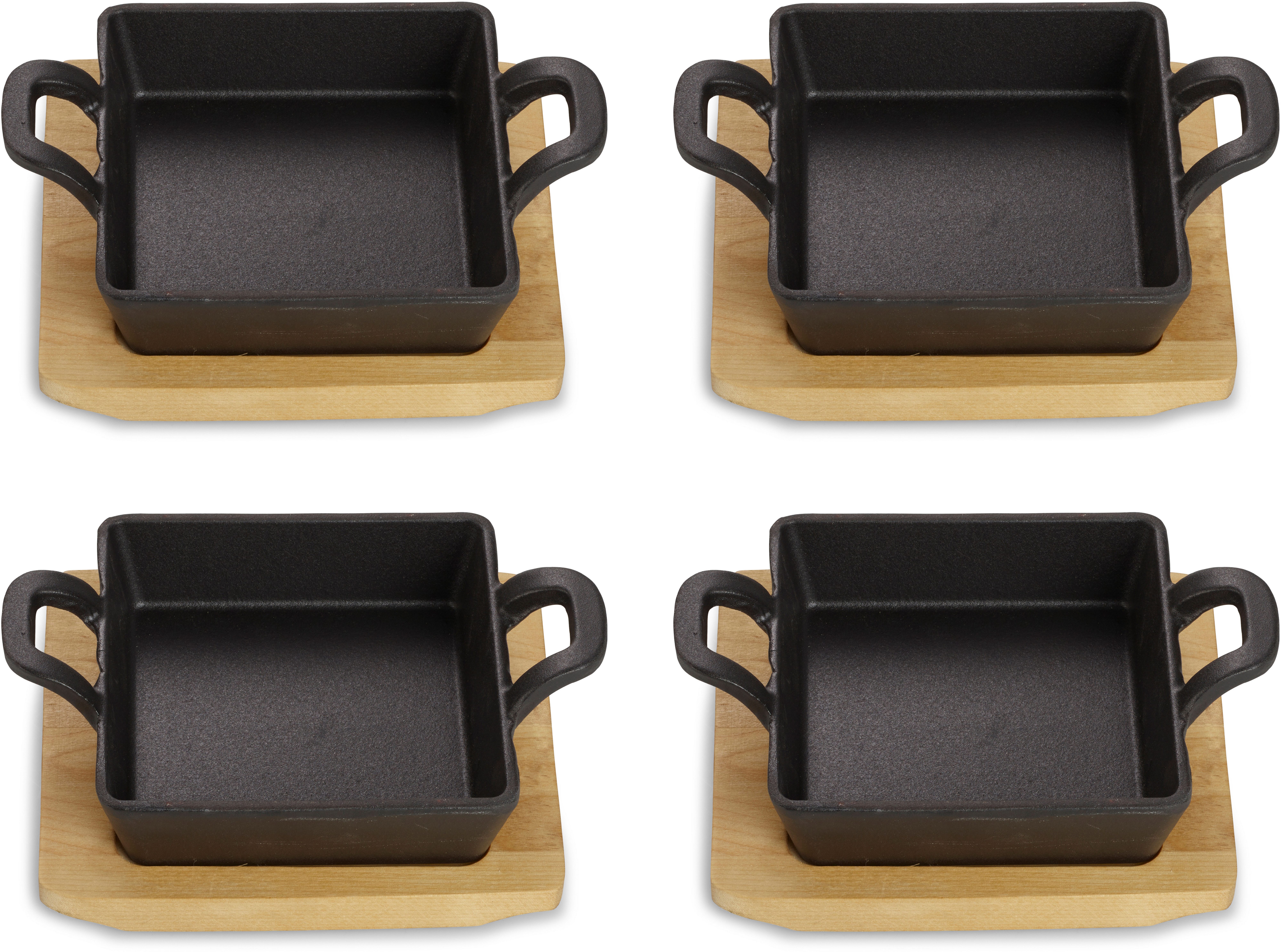 ECHTWERK Servierpfanne 4x Quadratische Servierschale, Gusseisen (Set, 4-tlg), inkl. dekorativem Servierbrett, bereits eingebrannt