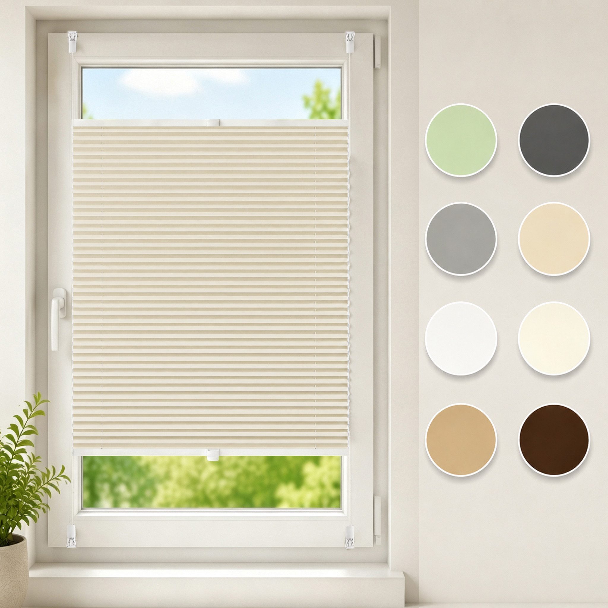 Sekey Plissee Plissee ohne Bohren Klemmfix verspannt für Fenster & Tür Lichtschutz, blickdicht, Klemmfix Montage ohne Bohren, Klemmfix, Faltenstore Klemmfix Lichtschutz und Sichtschutz 35x120cm Beige