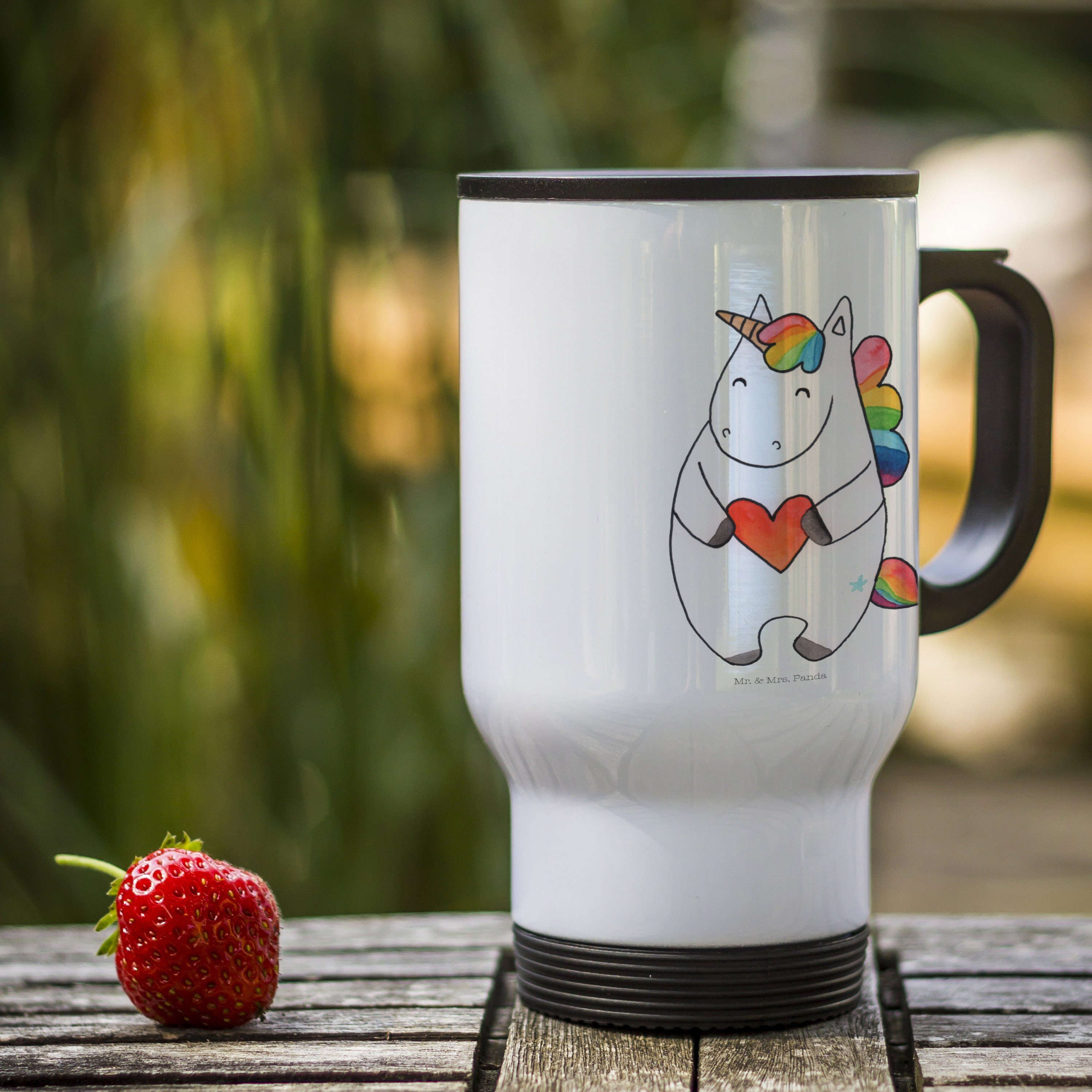 Mr. & Mrs. Panda Thermobecher Einhorn Herz, Kaffeebecher To Go, Weiß, Witzig, Bunt, To-Go-Becher, G, Edelstahl, isolier trinkbecher Reisebecher trinkbecher mit deckel