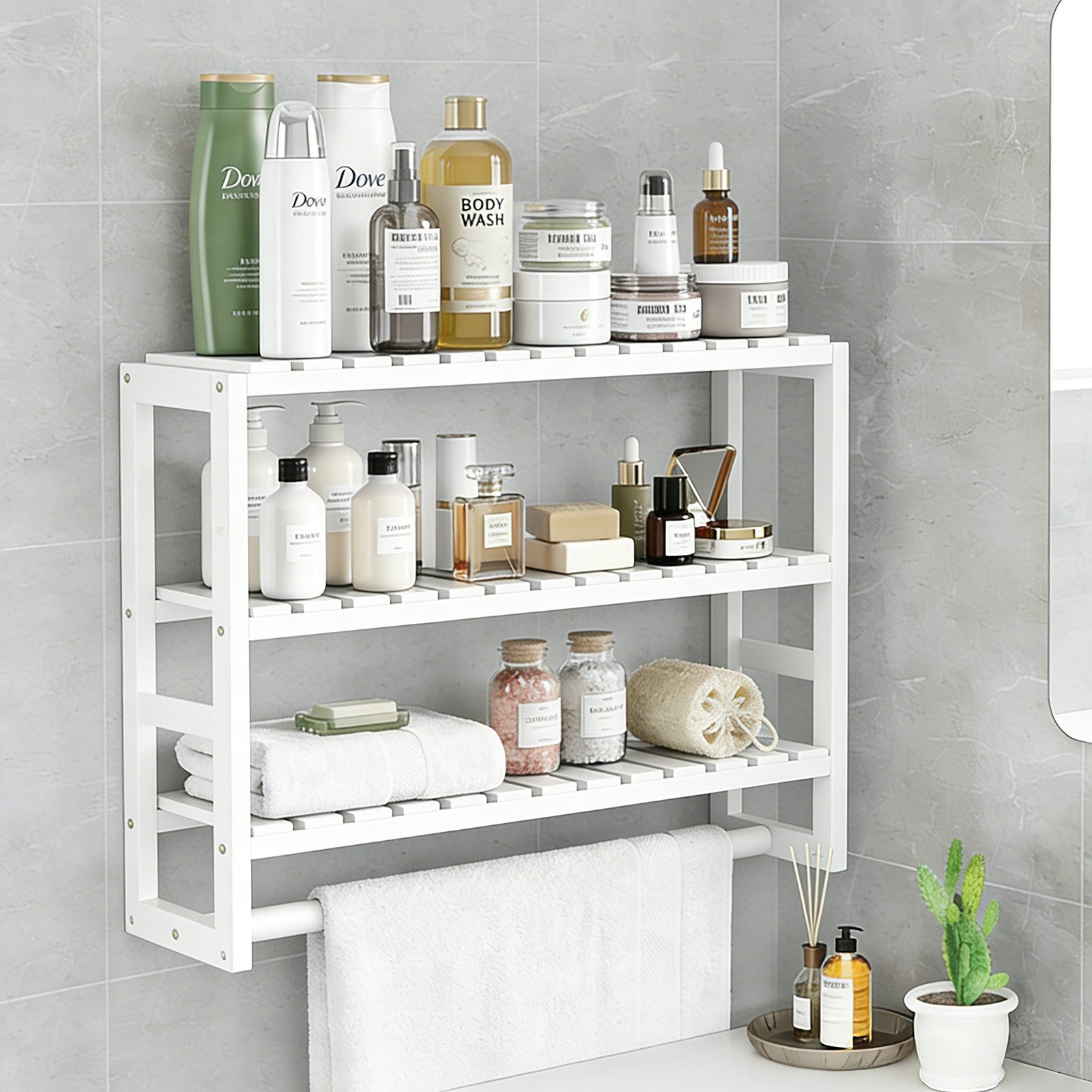 BlingBin Badregal Badezimmerregal Bambus 3 Ebenen, Wandregal Organizer, Standregal, Handtuchhalter, Hängestange für Badezimmer 1-tlg., verstellbare Schicht, schwebender Wandständer oder Ständer mit Stange
