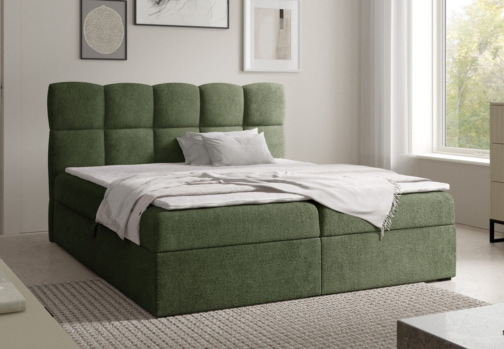 Home Collective Boxspringbett Polsterbett Doppelbett Bett mit Stauraum und Topper, viele Größen (Verfügbare Größen: 120x200, 140x200, 160x200, 180x200, 200x200 cm), bodennahe Optik modernes Design mit Kassettensteppung Grün