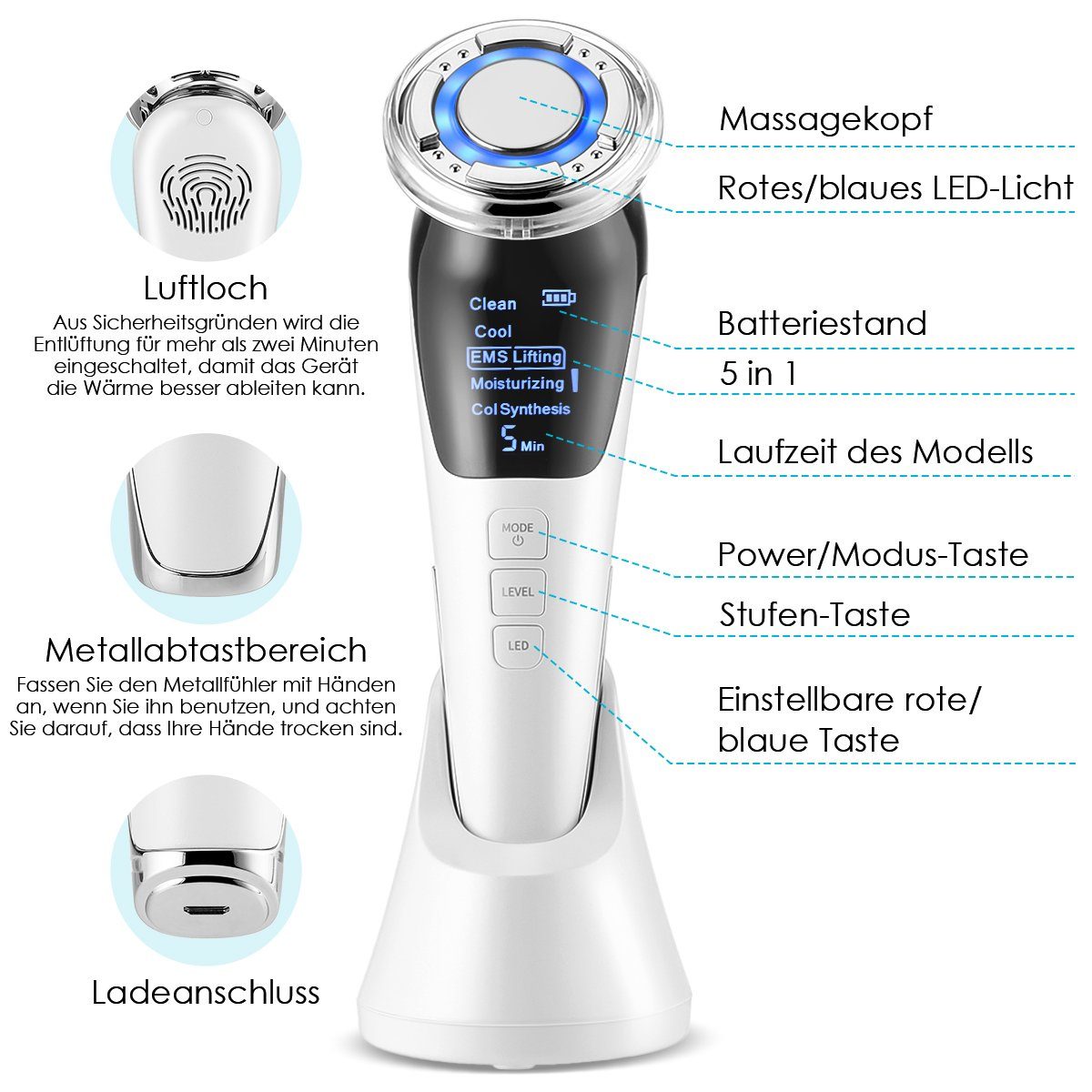 Gesichtsmassagegerät für IN Faltenentferner, Behandlung Heiße/Kühle Anti-aging, 5 ION- 1 mit Photon Gerät Mikrodermabrasionsgerät LETGOSPT EMS