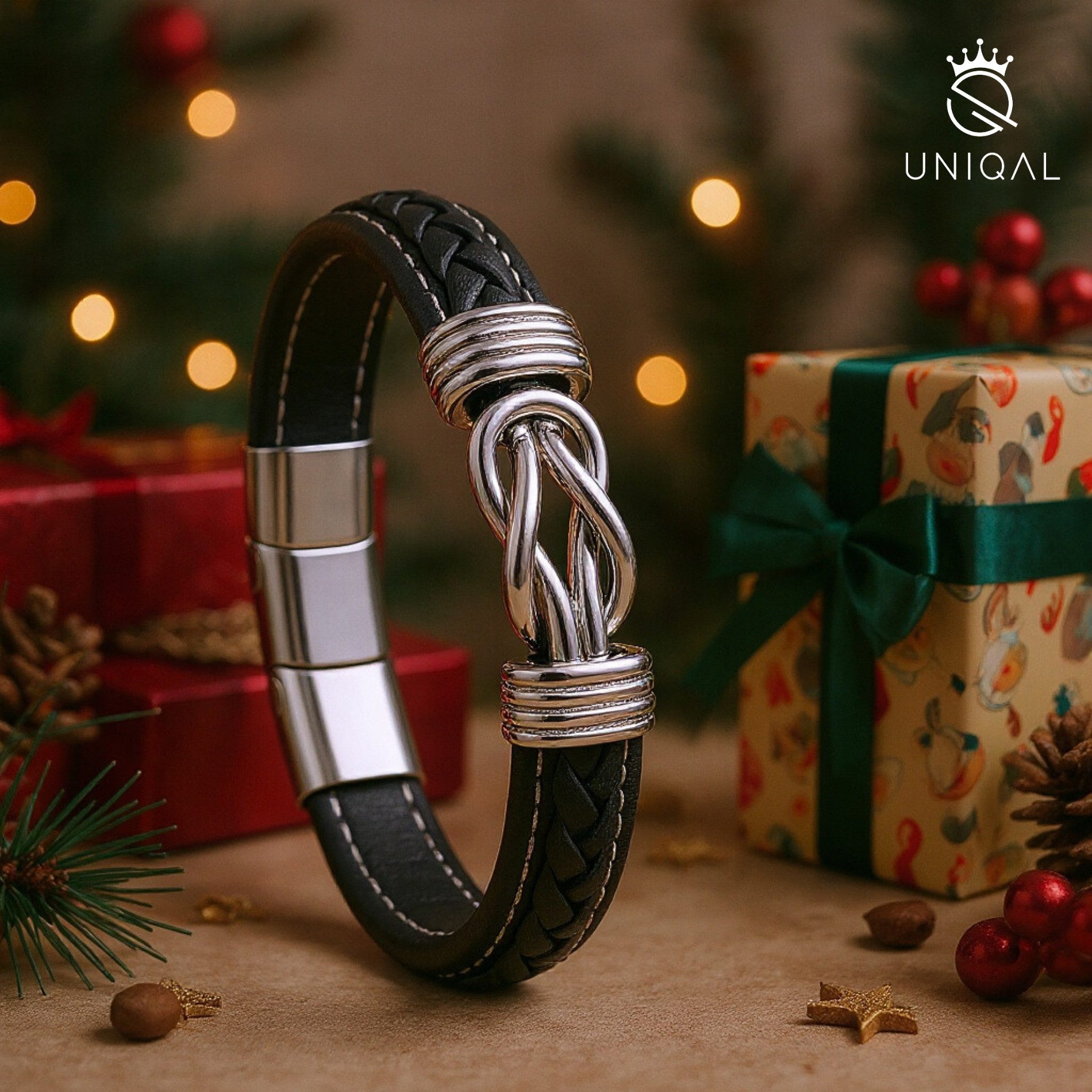 UNIQAL.de Lederarmband ETERNAL – stilvolles Infinity Armband aus Leder & Edelstahl (ideales Geschenk für Vater, Sohn oder Partner, Magnetverschluss mit Verlängerungsglied), Deutsche Handwerkskunst. Hochwertiges Design. Made by Uniqal.