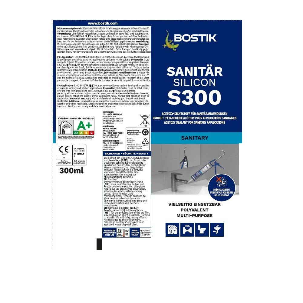BOSTIK Dichtstoff Bostik S300 Sanitärsilicon 300ml Kartusche Silikon Fugen Dichtstoff, gebrauchsfertig, Universal-Qualität, mit Schutzeffekt