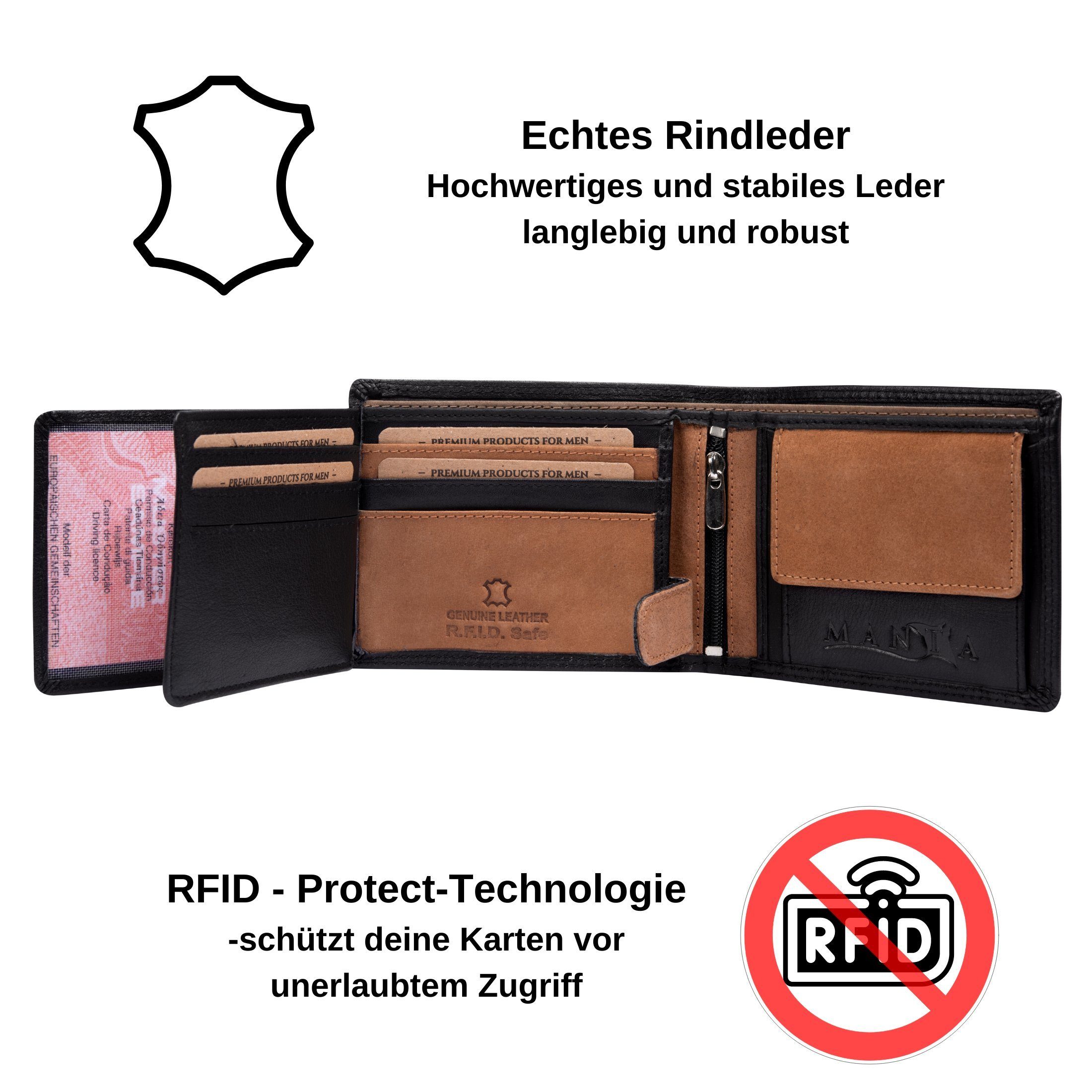 Brieftasche, RFID Echtes aus MANTA + Safe Herrengeldbeutel RFID Schutz Geldbörse Leder Black-Brown Echtleder Premium