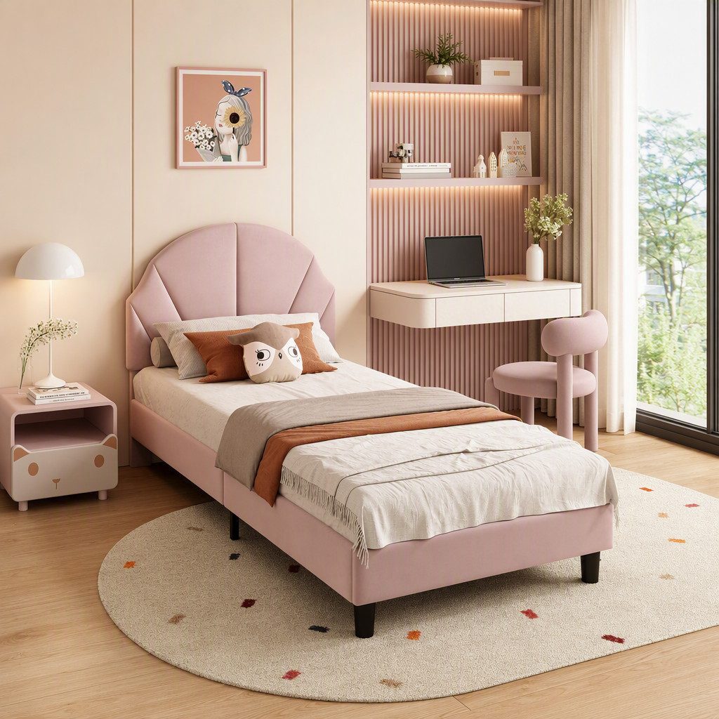 Simurq Einzelbett Kinderbett 90x200, Polsterbett, Samtbett, Jugendbett (1 tlg, ohne Matratze, Mit Lattenrost), Verstellbare Kopfteilhöhe, Komfortables Bettgestell, Modernes