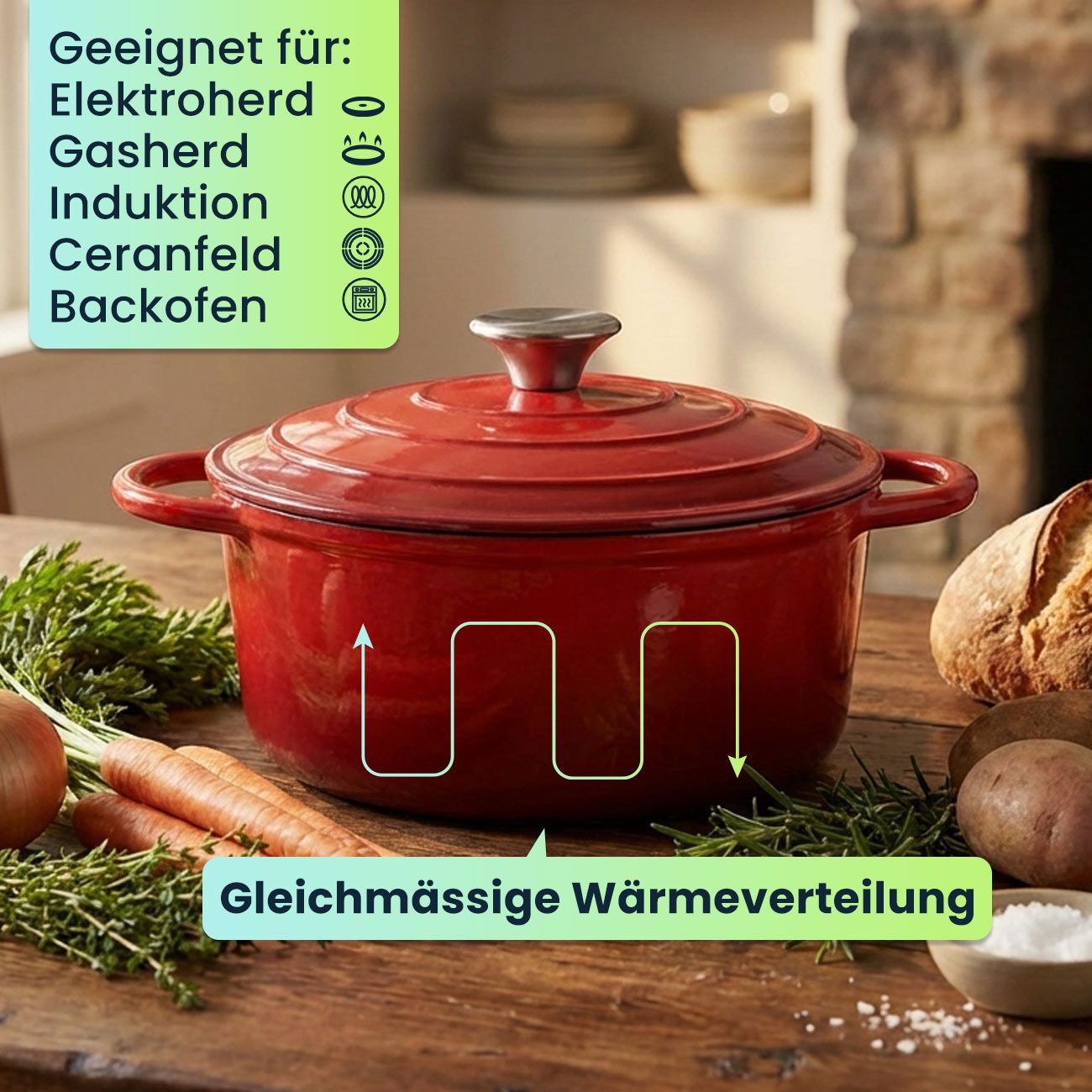 Casativo Schmortopf Gusseisen Topf mit Deckel 22cm Rund 2,2LBräter mit Deckel Rot, Gusseisen, backofenfest/Ø22 x H6,9 cm/3,7 kg/für Hobby-Köche