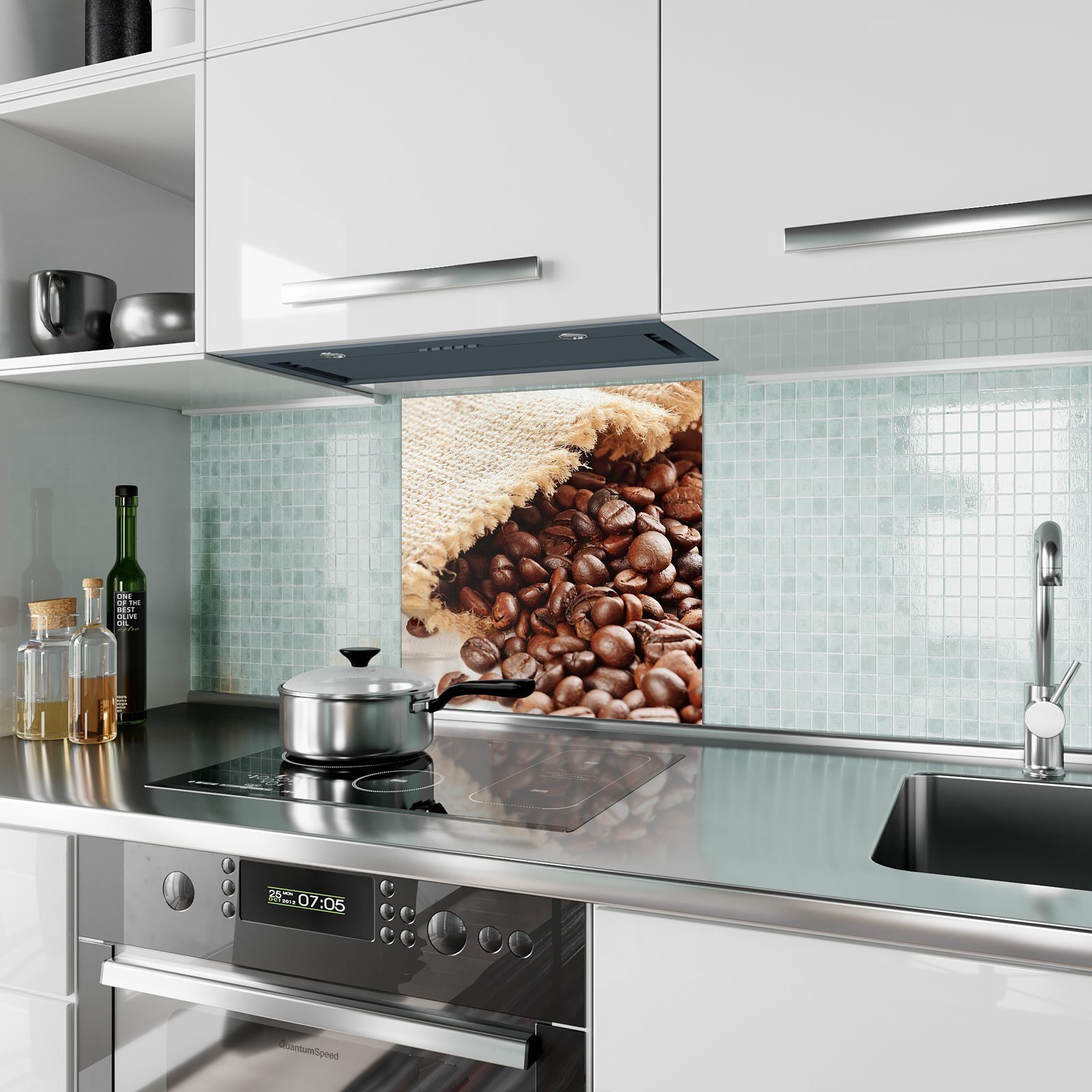 Kaffeebohnen mit Küchenrückwand Glas aus Spritzschutz Küchenrückwand Leinensack Motiv Primedeco